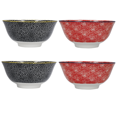 KitchenCraft   KCBOWL15PK4RBK Glazed Sırlı Kırmızı ve Siyah Çiçek Desenli Çorba Kase Seti 4lü