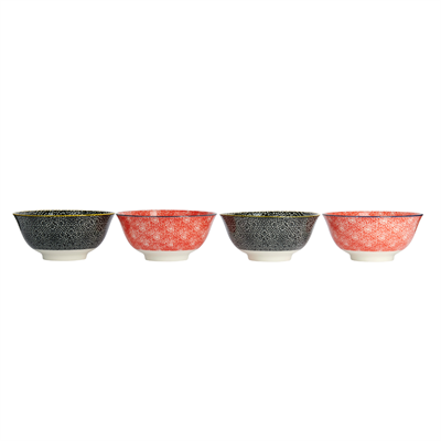 KitchenCraft   KCBOWL15PK4RBK Glazed Sırlı Kırmızı ve Siyah Çiçek Desenli Çorba Kase Seti 4lü