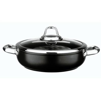 LEGGNO MST2828ST24BK MASTER 24cm sığ tencere, çelik kulp, özel çerçeveli cam kapak siyah