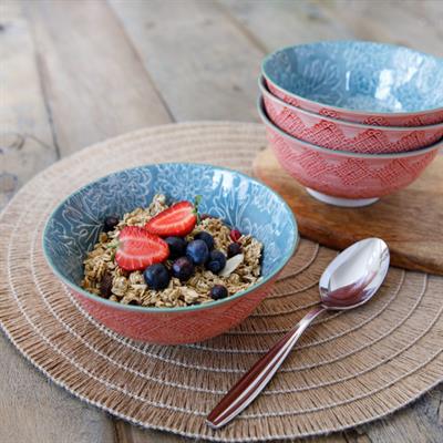 Mikasa KCBOWL13 Glazed Sırlı Seramik Gri Çiçek Desenli Kırmızı Kase