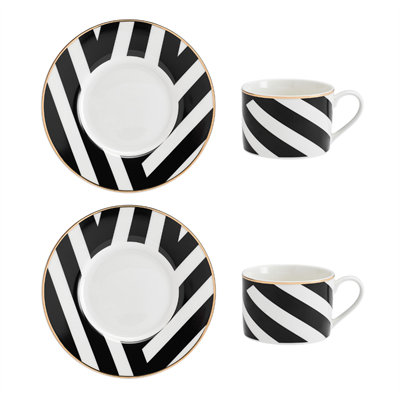 Mikasa MKLDGEOCUPPK2 Luxe Deco Geometrik Çizgili 2li 200ml Çay Fincanı ve Tabaklar Seti