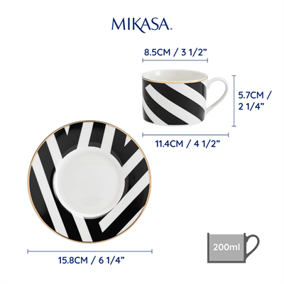 Mikasa MKLDGEOCUPPK2 Luxe Deco Geometrik Çizgili 2li 200ml Çay Fincanı ve Tabaklar Seti