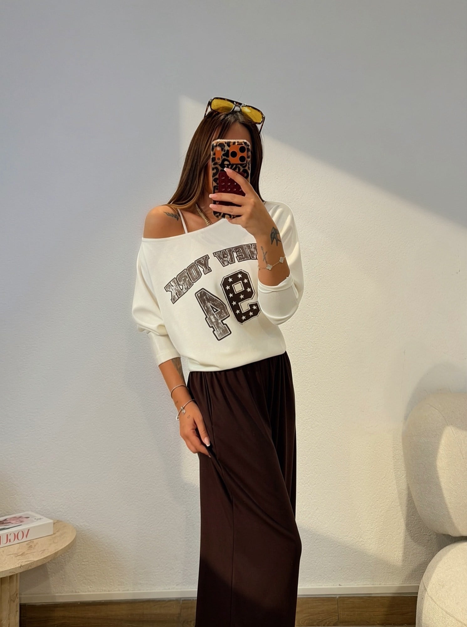  New York Düşük Omuz Modal Beyaz Sweatshirt