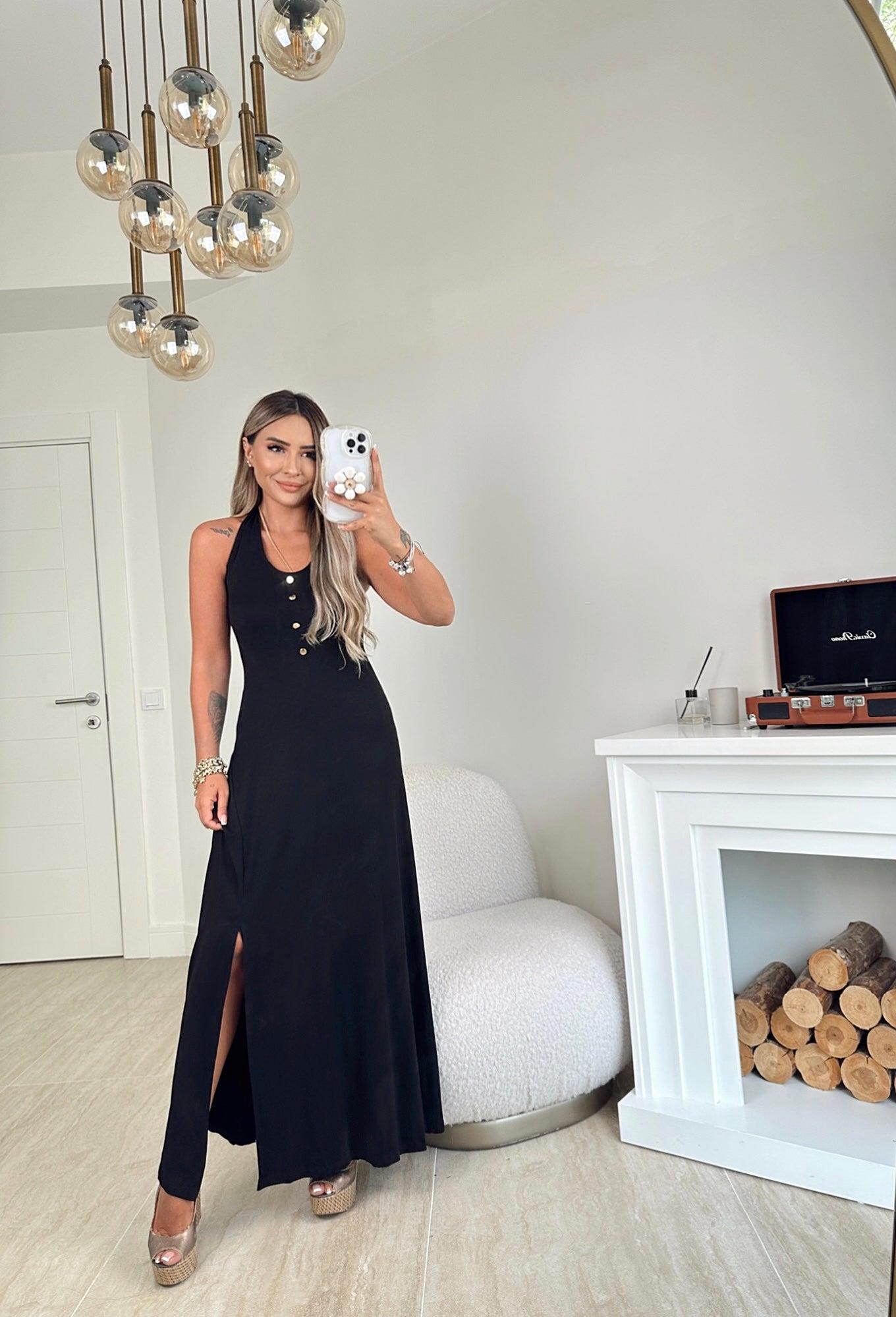 Boyundan Bağlamalı Yırtmaç Detay Sırtı Açık Maxi Elbise