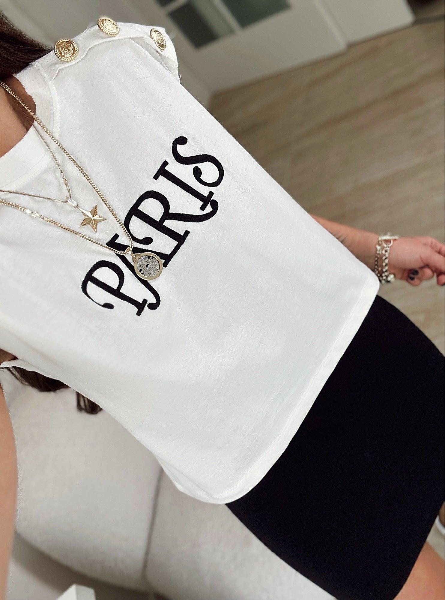 Gold Düğme Detay Paris Crop Tshirt