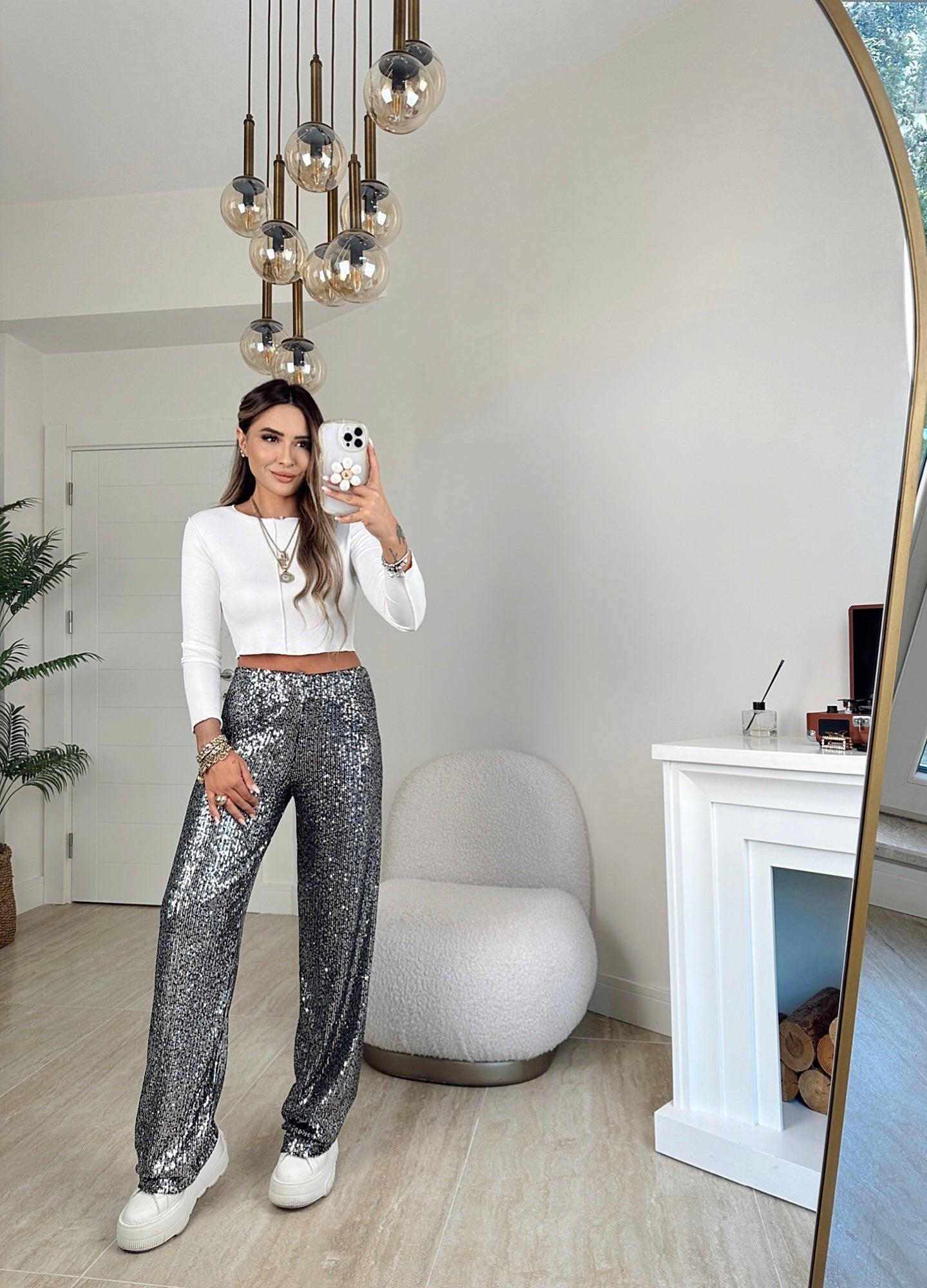 Gümüş Pul Payet Rahat Pantolon