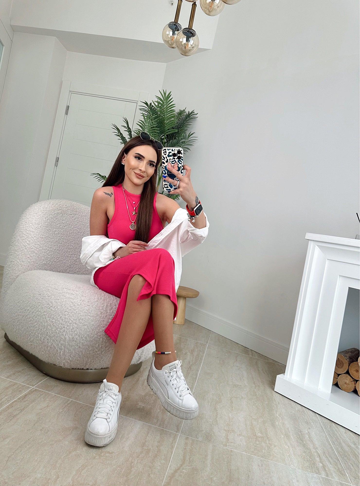Halter Yaka Tek Yanı Yırtmaçlı Fuşya Pembe Basic Elbise