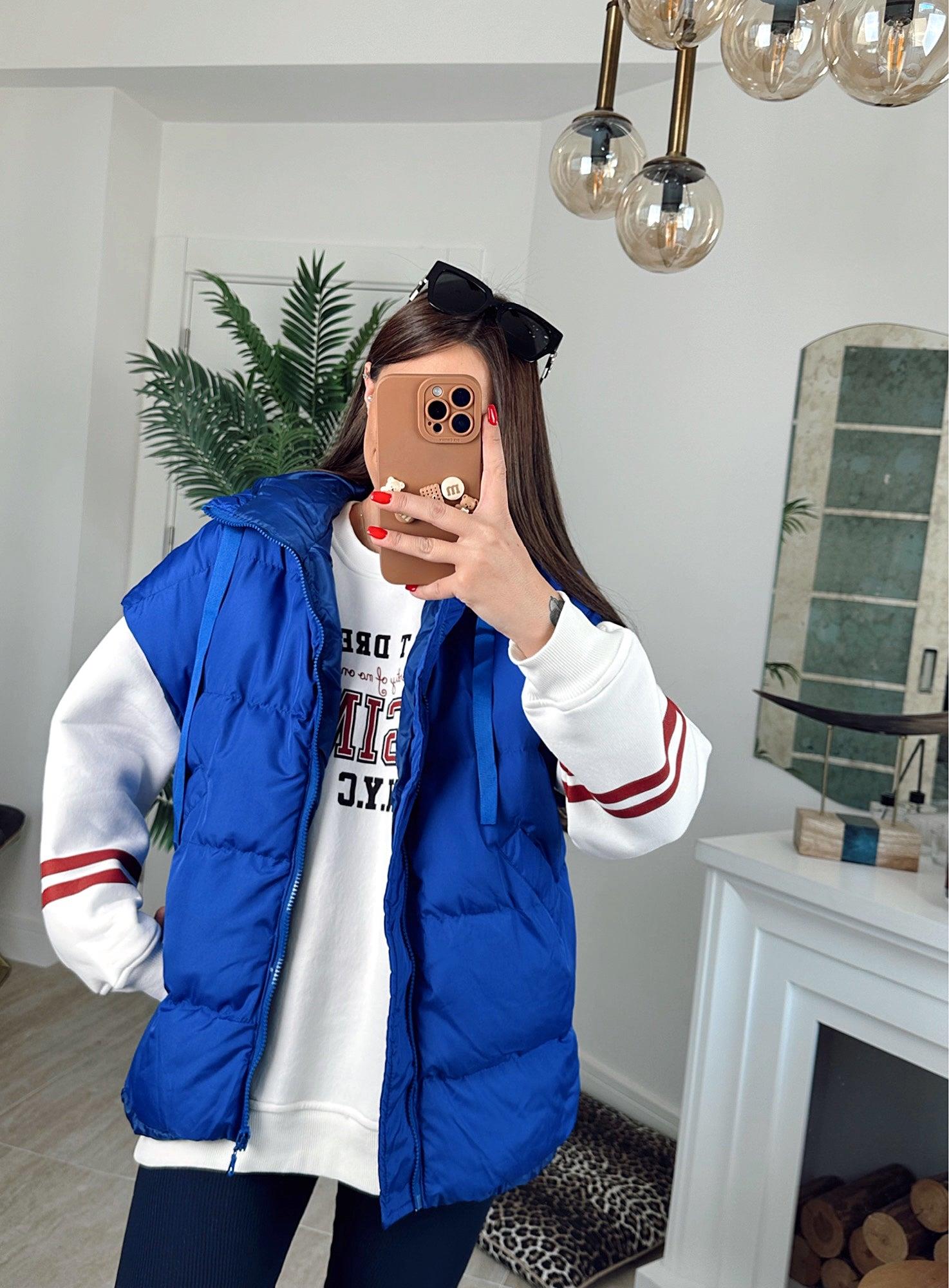 Kapişonlu Oversize Saks Mavi Şişme Yelek