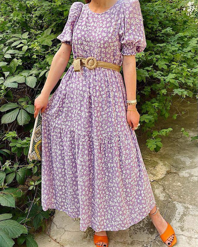 Lila Çiçek Desen Maxi Elbise
