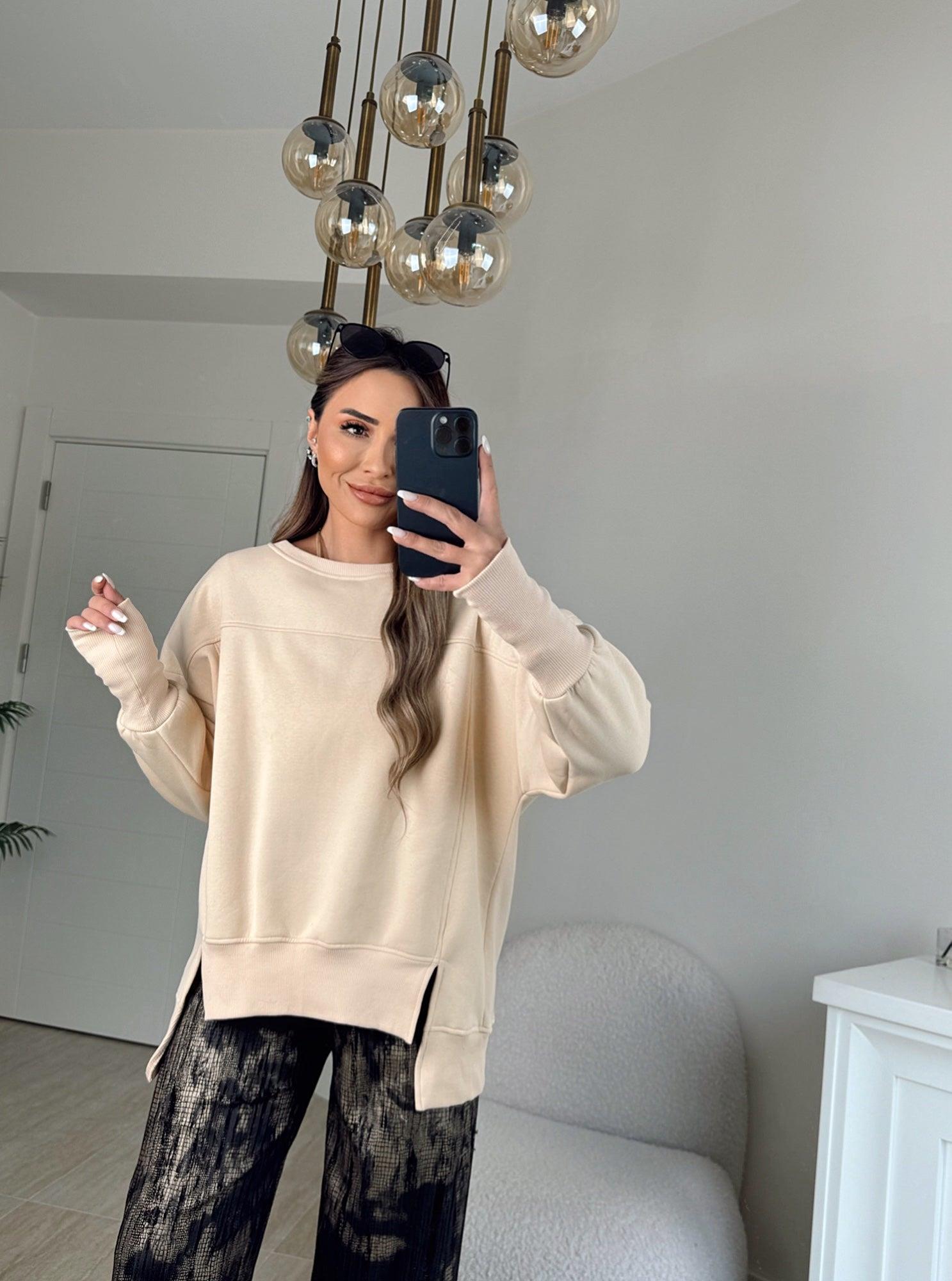 Önleri Yırtmaçlı Bal Rengi Sweatshirt
