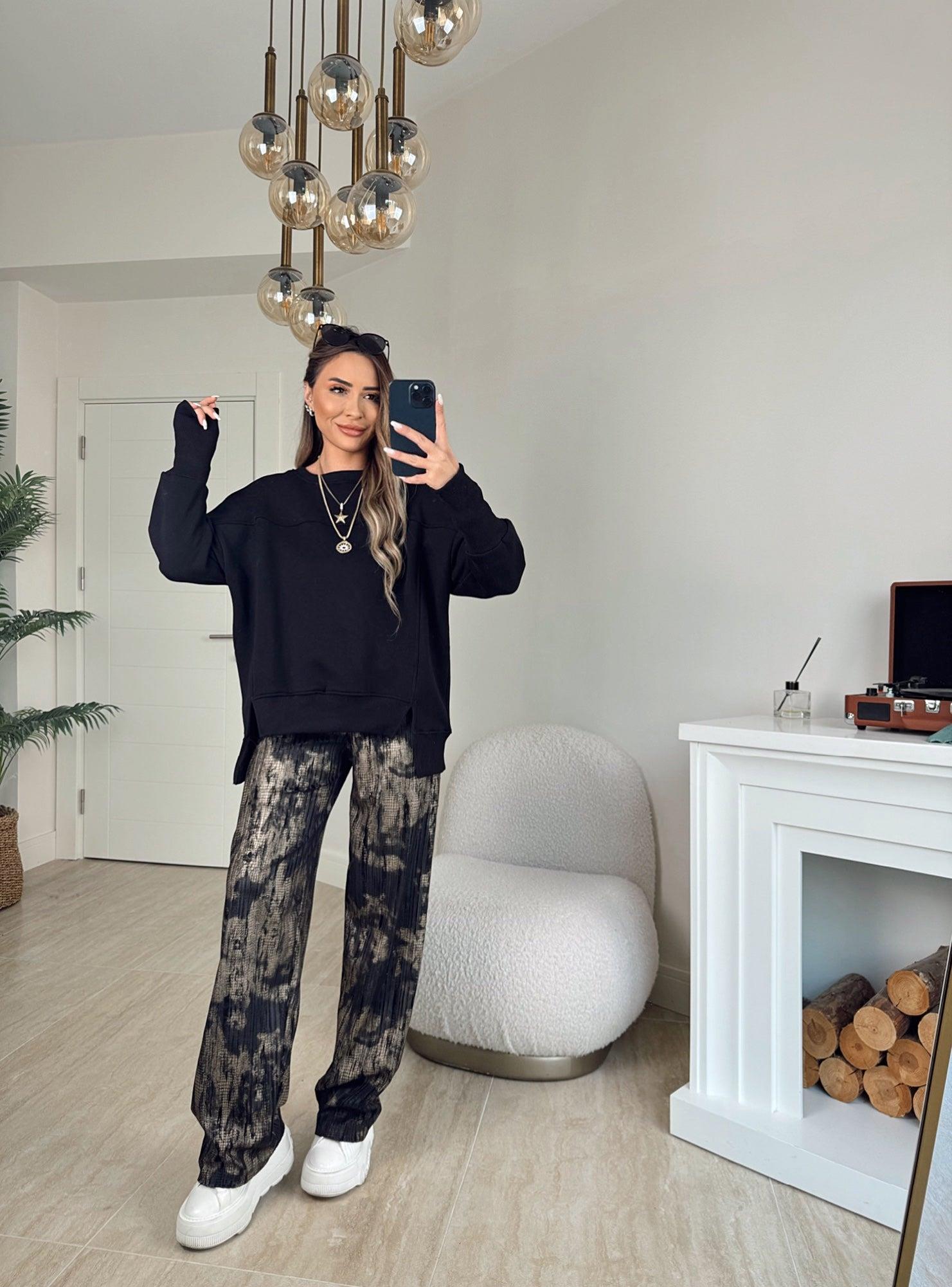 Siyah Gold Metalik Rahat Pantolon