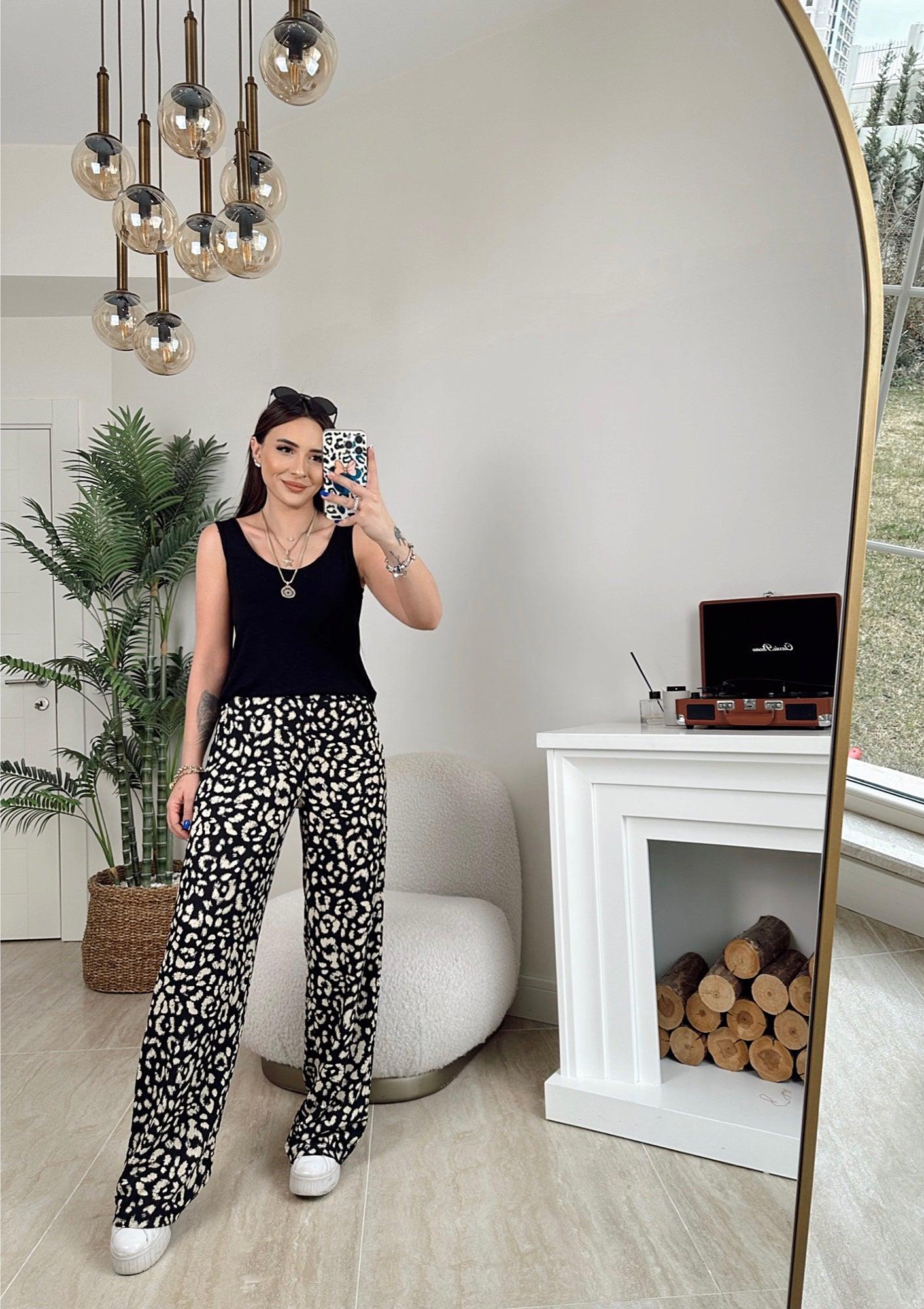 Siyah Leopar Desen Rahat Pantolon