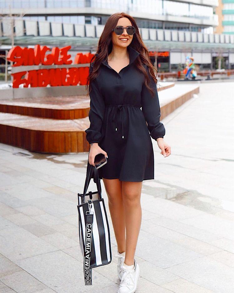 Siyah Z.A Model Dik Yaka Dalgıç Kumaş Basic Elbise