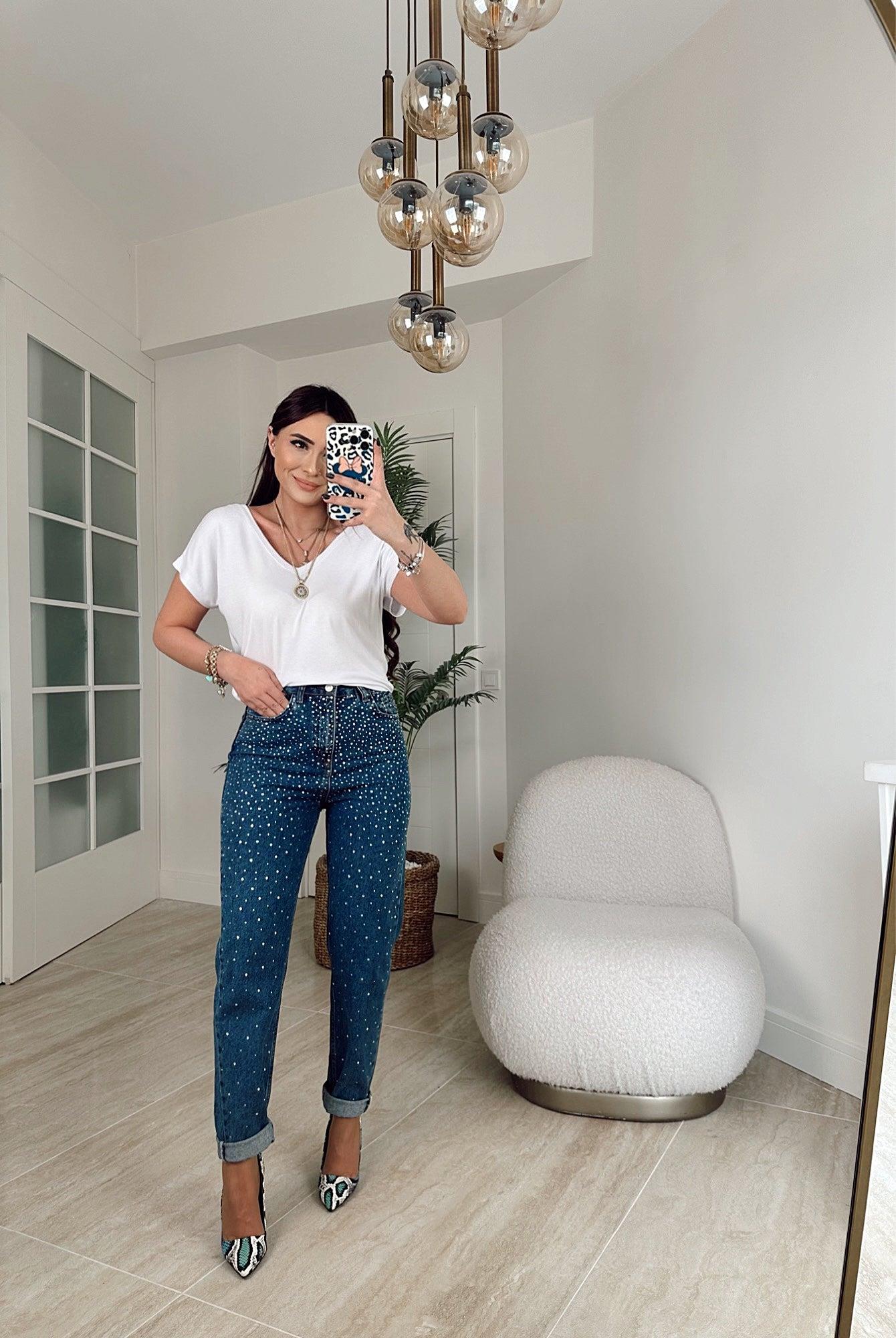 Taş İşlemeli Koyu Mavi Mom Jean