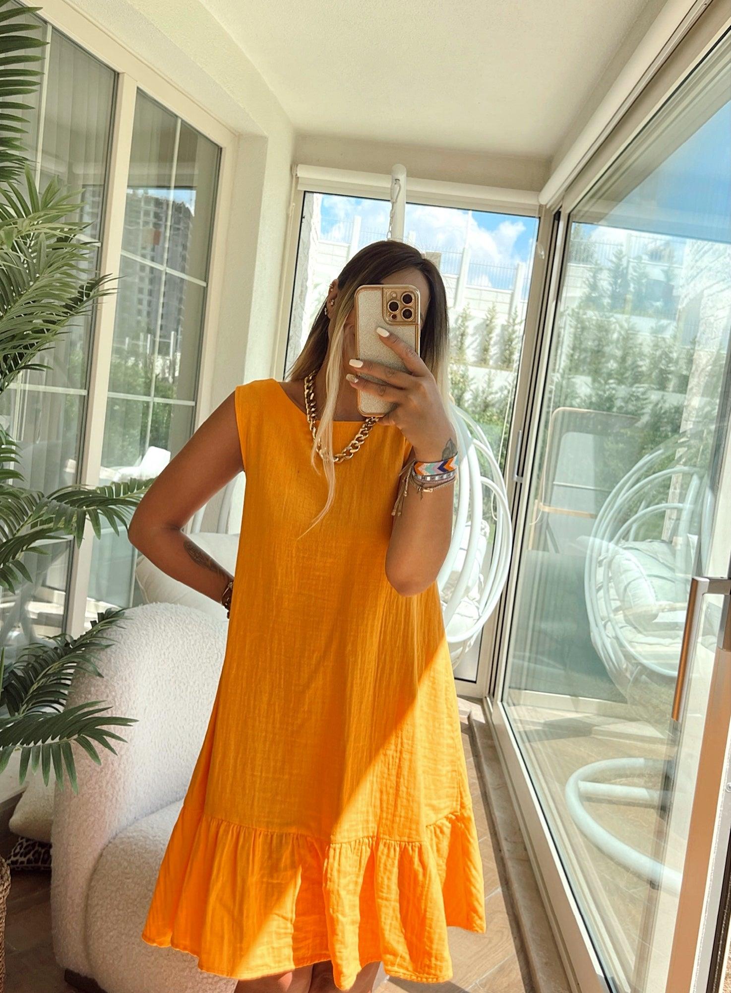 Volanlı Müslin Kumaş Orange Elbise