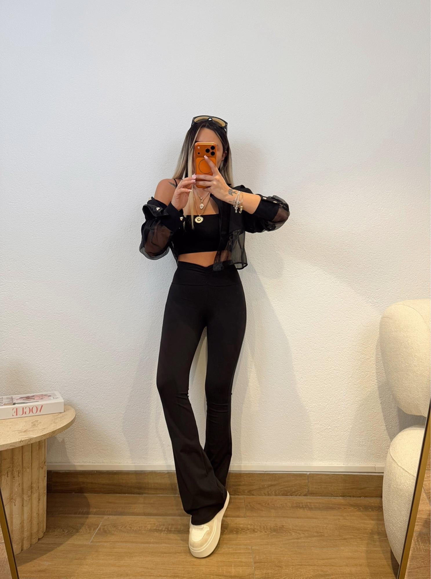 Bel Detay Toparlayıcı İspanyol Siyah Tayt Pantolon