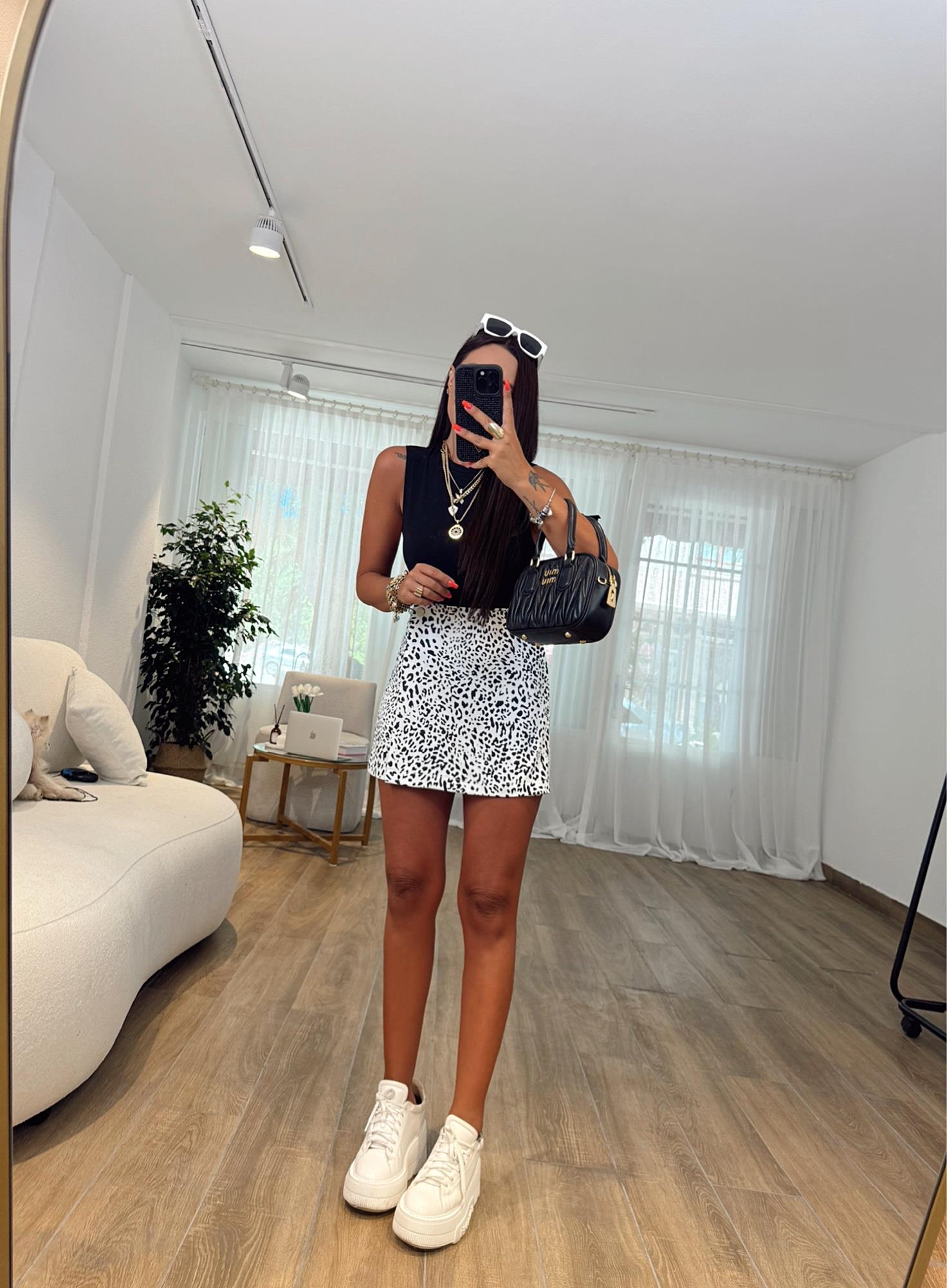 Beyaz Leopar Desen Gabardin Şort Etek