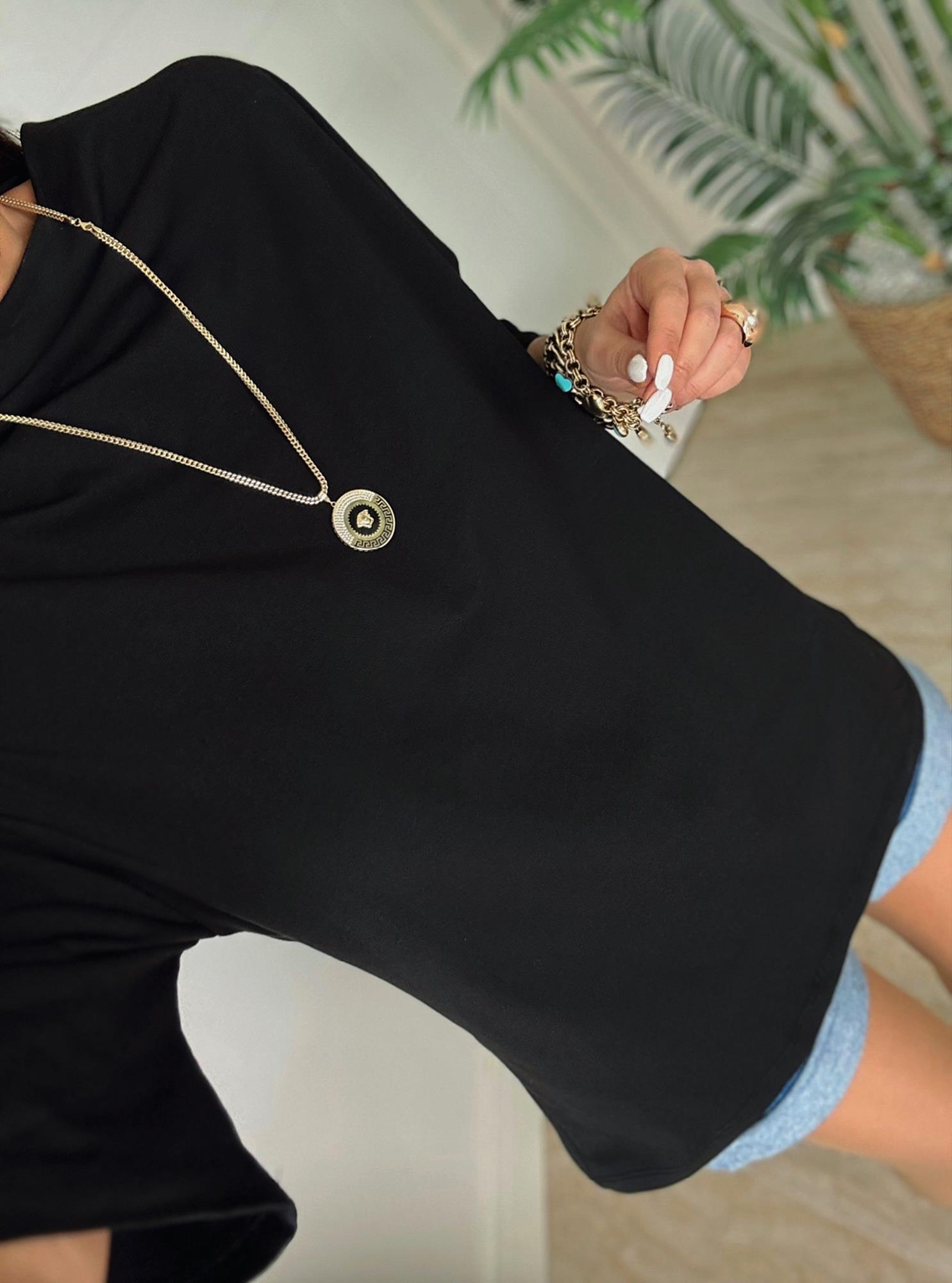Dik Yaka Duble Kol Oversize Siyah Basic