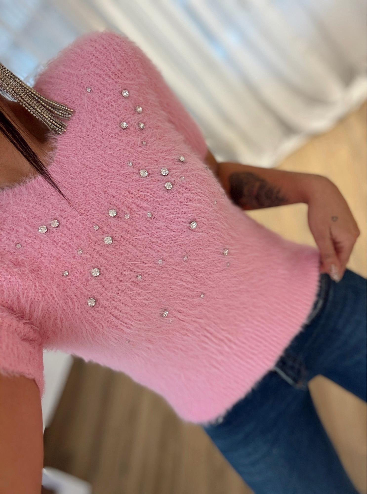Dilvin Taşlı Pembe Yumoş Crop Kazak
