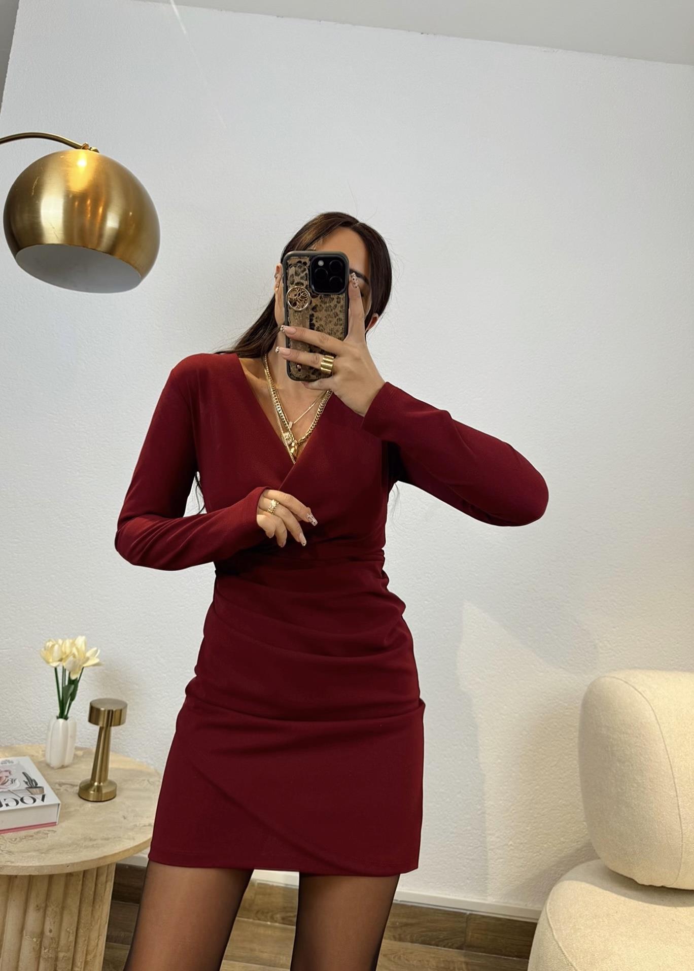 Drapeli Crep Bordo Elbise