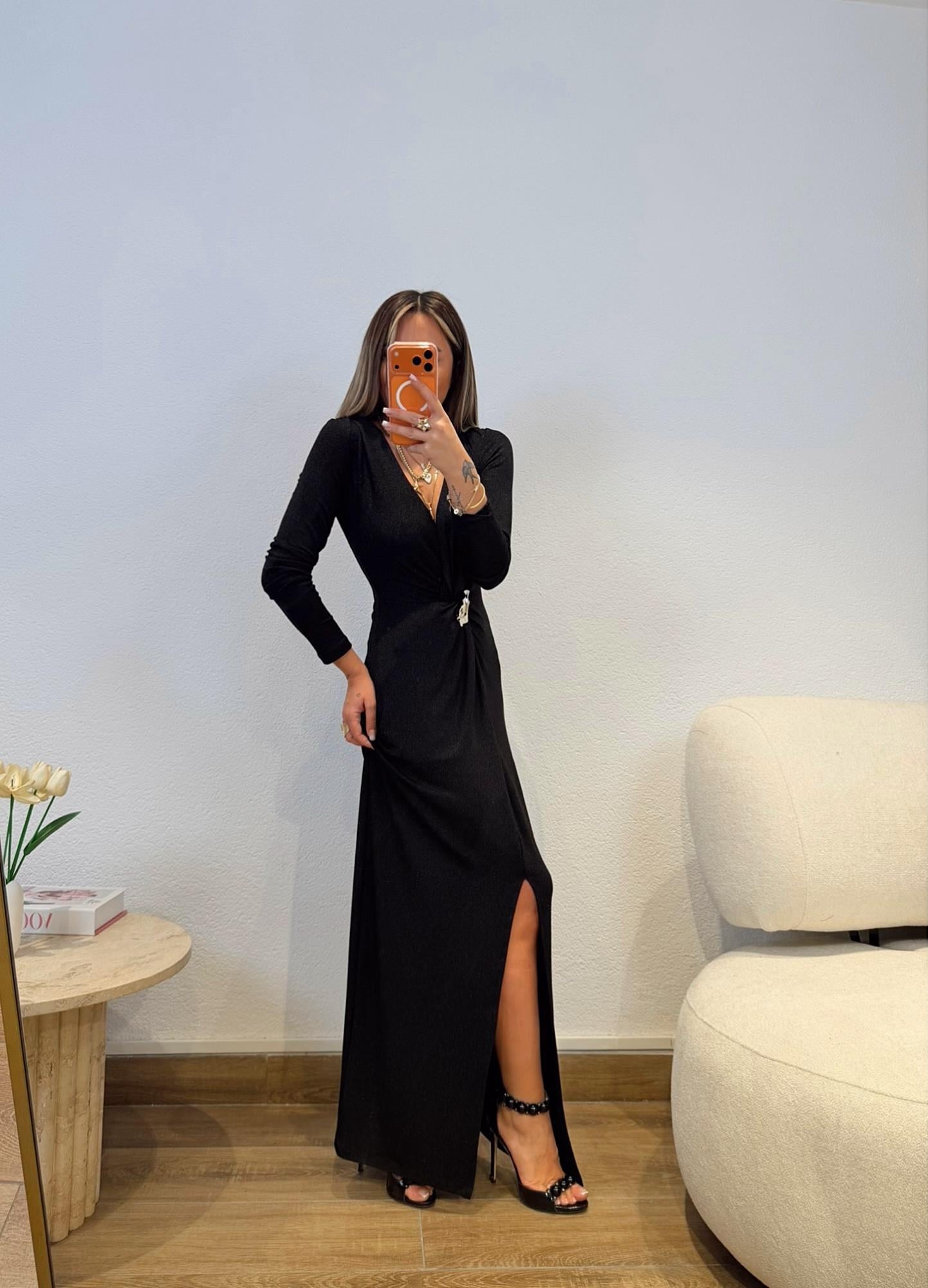 Düğümlü Broş Detay Simli Elbise