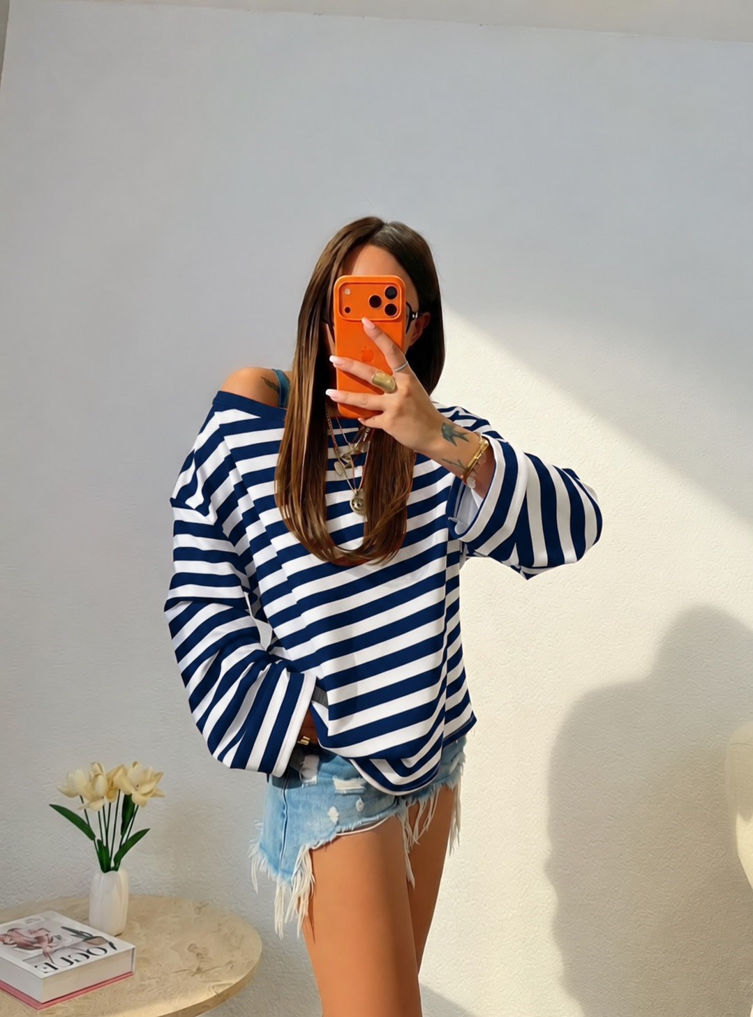 Düşük Omuz Oversize Laci Çizgili Sweatshirt