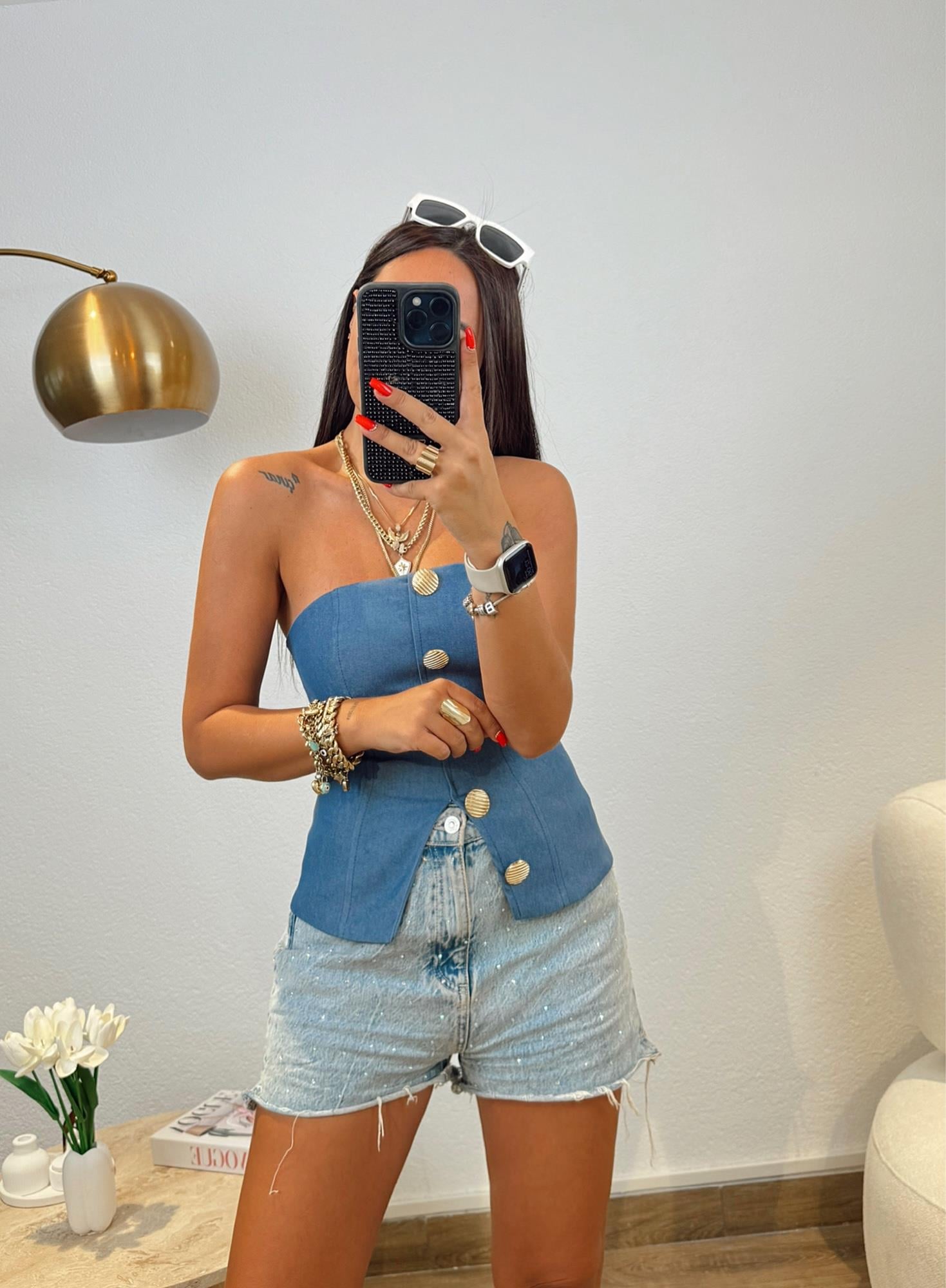 Gold Düğme Detay Mavi Straplez Bluz