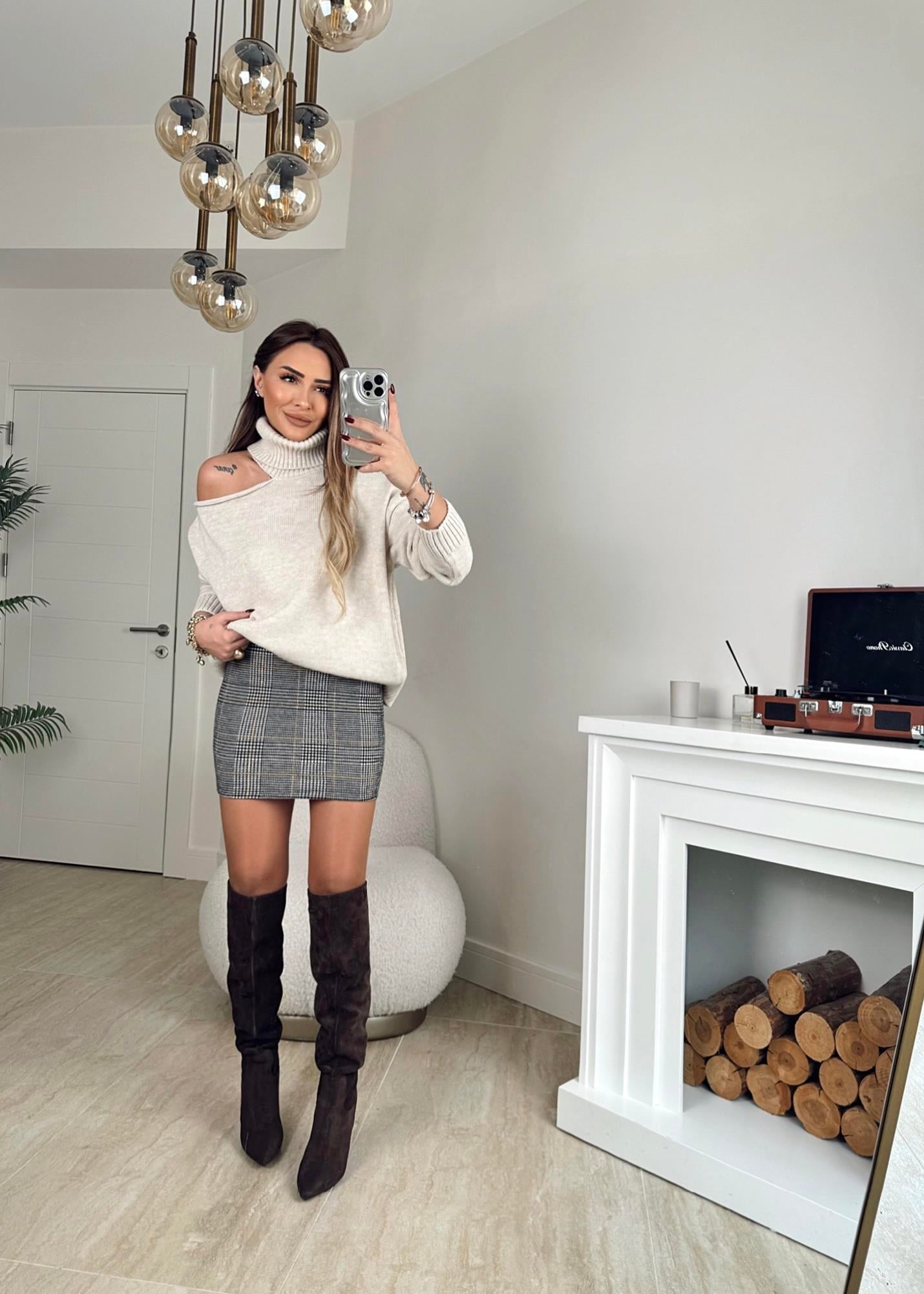 Gri Pöti Kare Kaşe Mini Etek