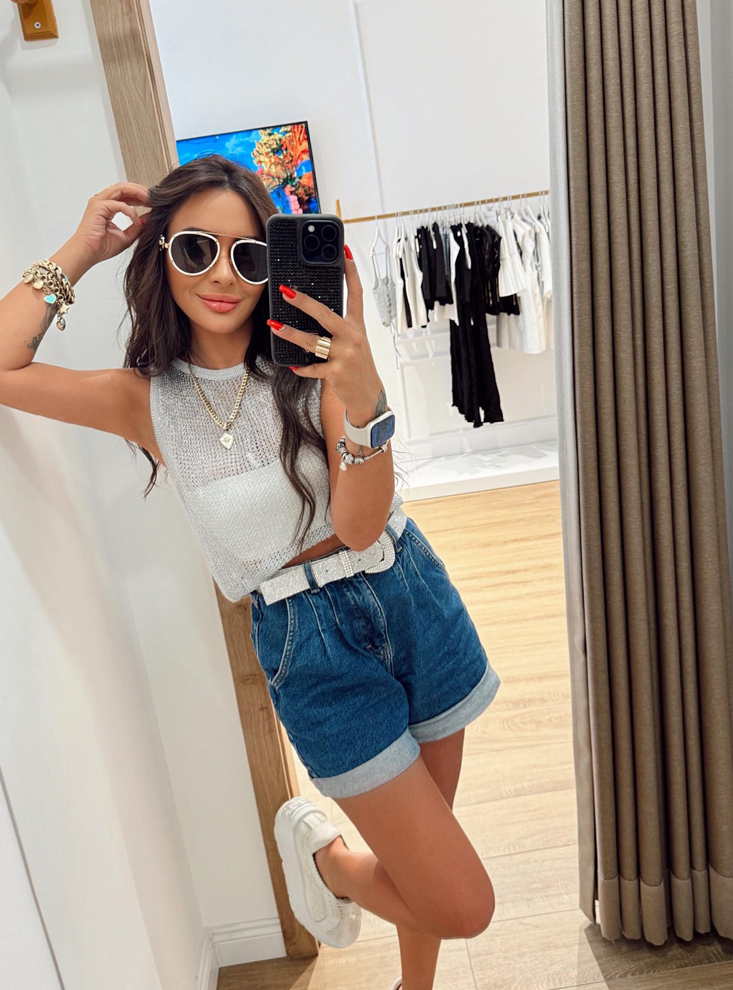 Gümüş Varaklı Crop Bluz