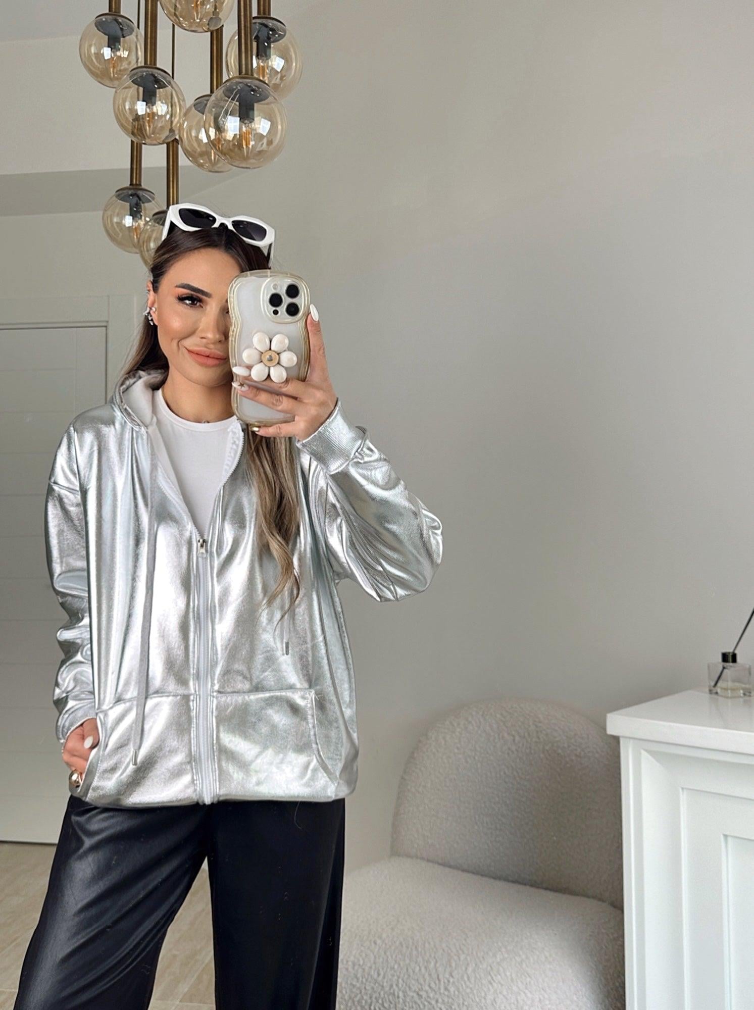 Gümüş Varaklı Kapişonlu Sweat Hırka