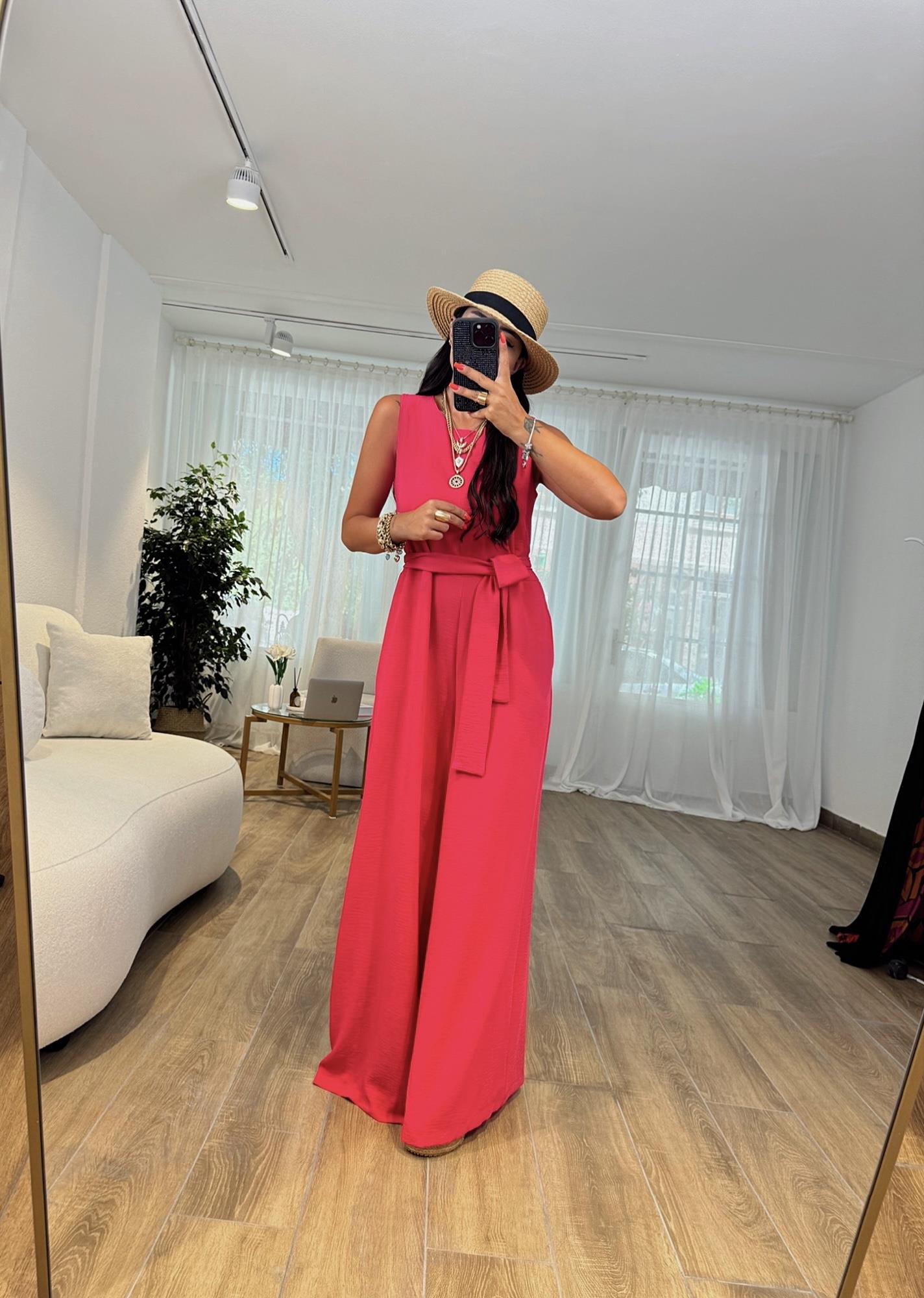 Halter Ayrobin Fuşya Pembe Kuşaklı Tulum
