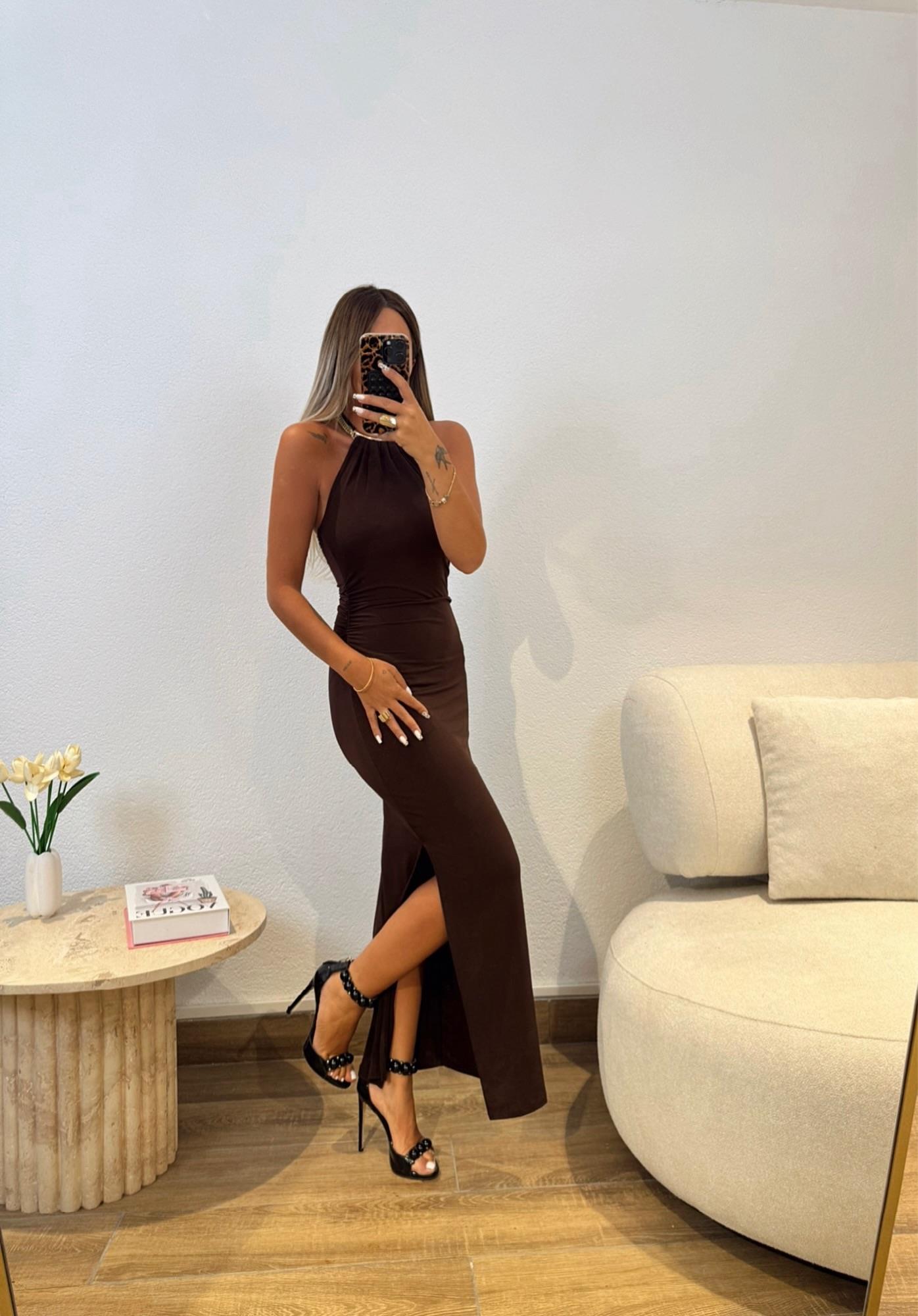 Halter Yaka Aksesuarlı Kahve Midi Boy Elbise