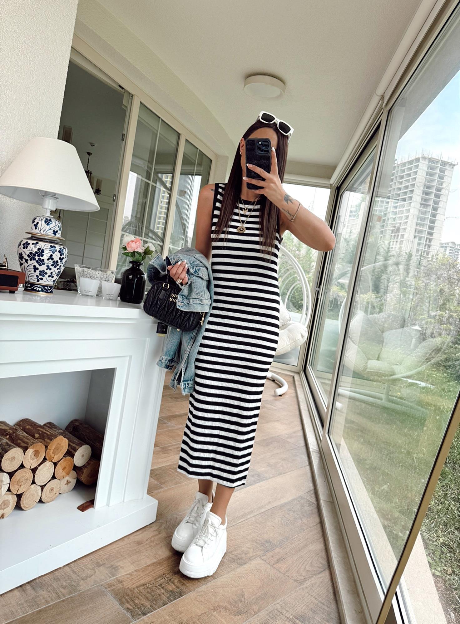 Halter Yaka Çizgili Basic Midi Elbise
