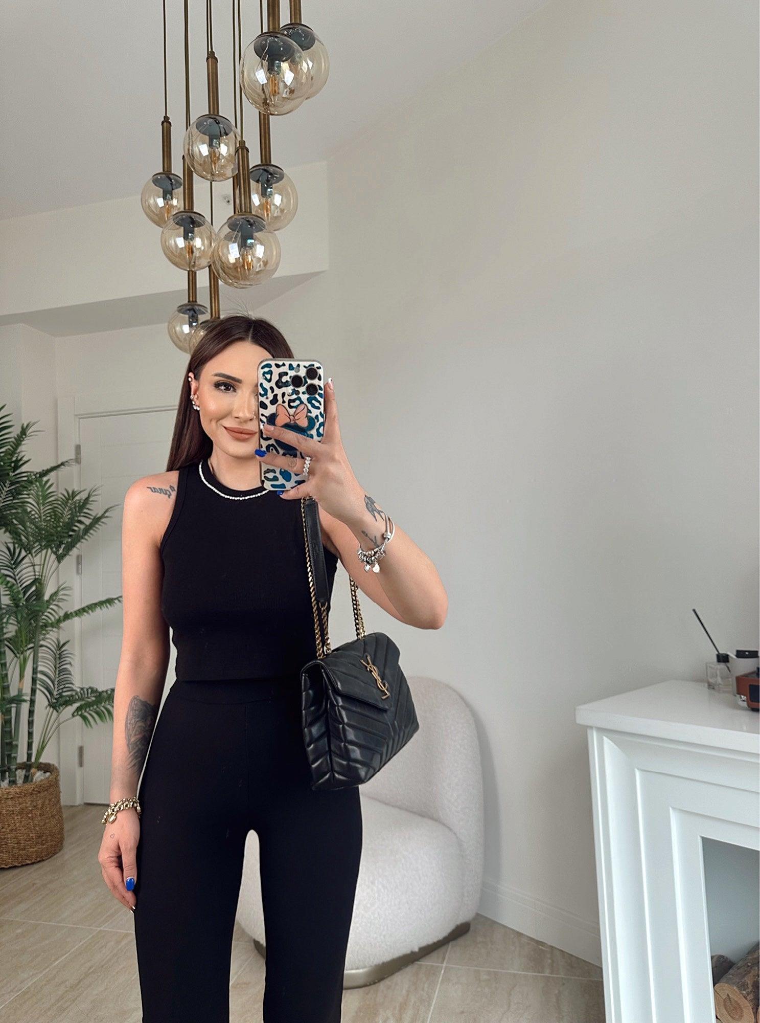 Halter Yaka Taşlı Siyah Crop