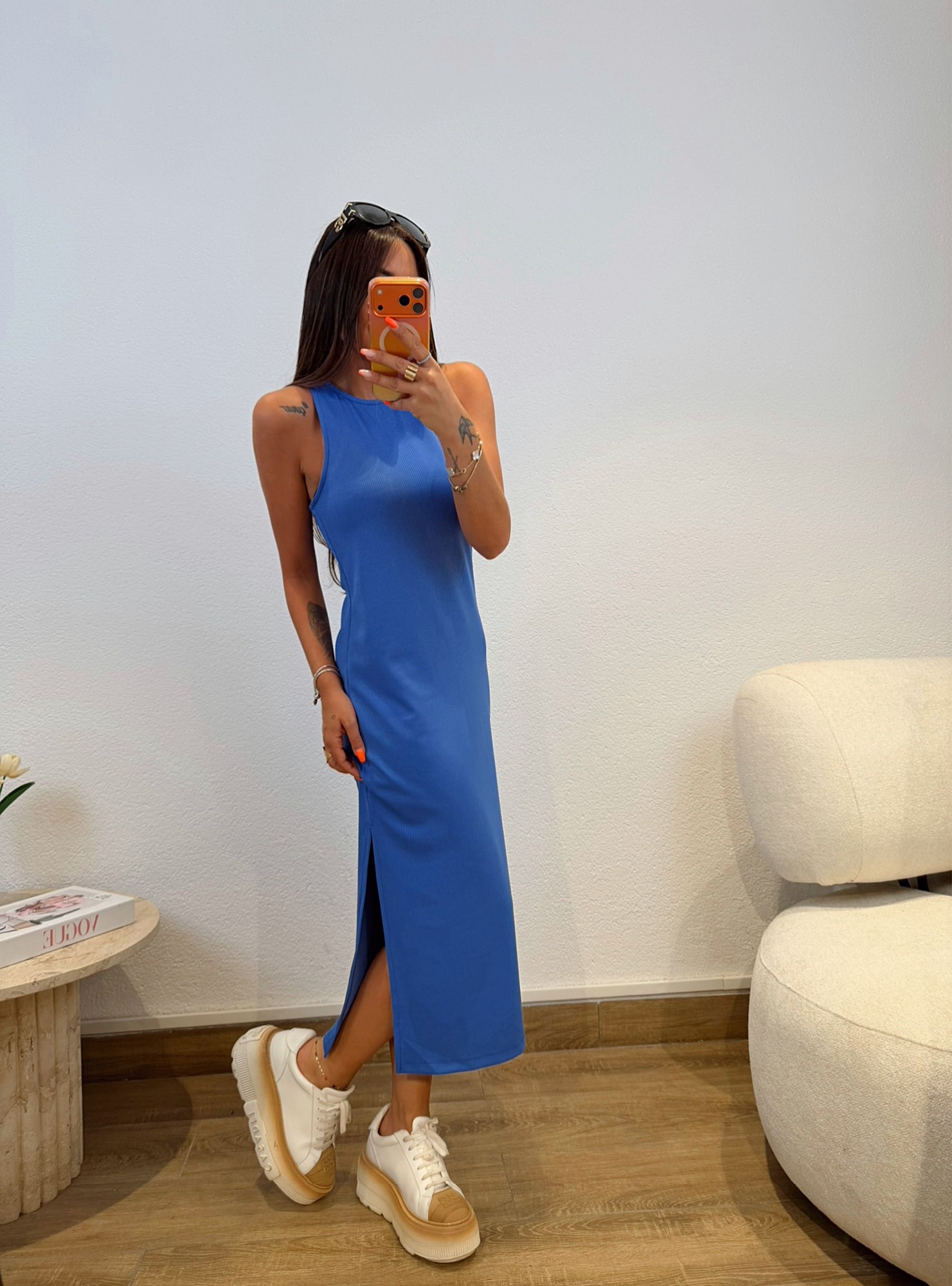 Halter Yaka Tek Yanı Yırtmaçlı Fitilli Mavi Basic Elbise