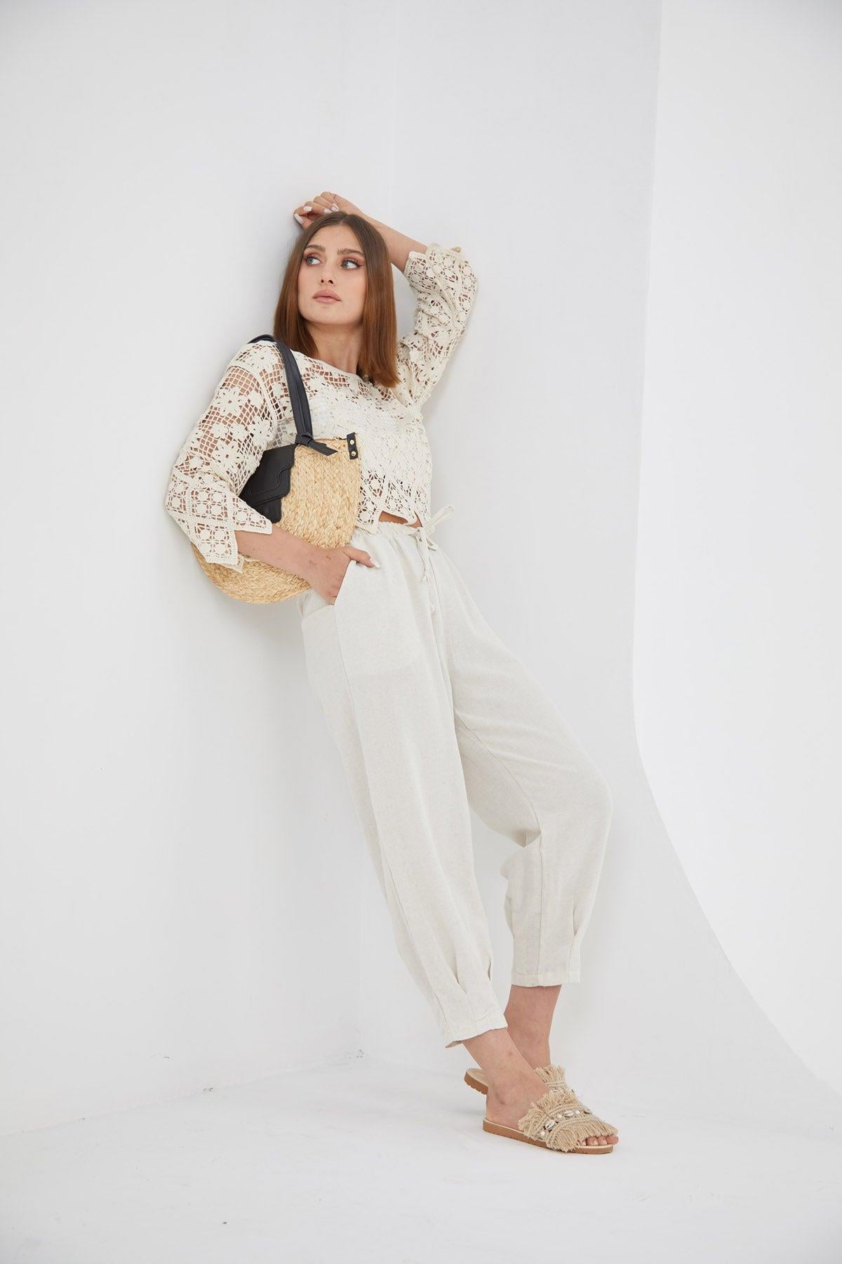 Ham Keten Taş Şalvar Pantolon