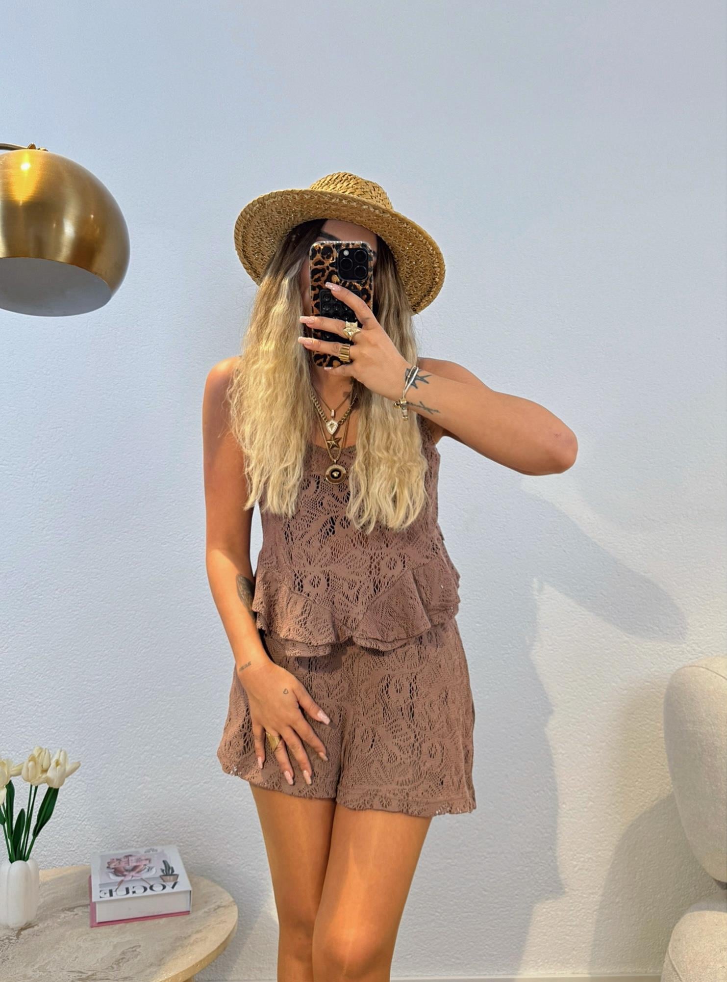 İp Askılı Güpür Kahve Takım