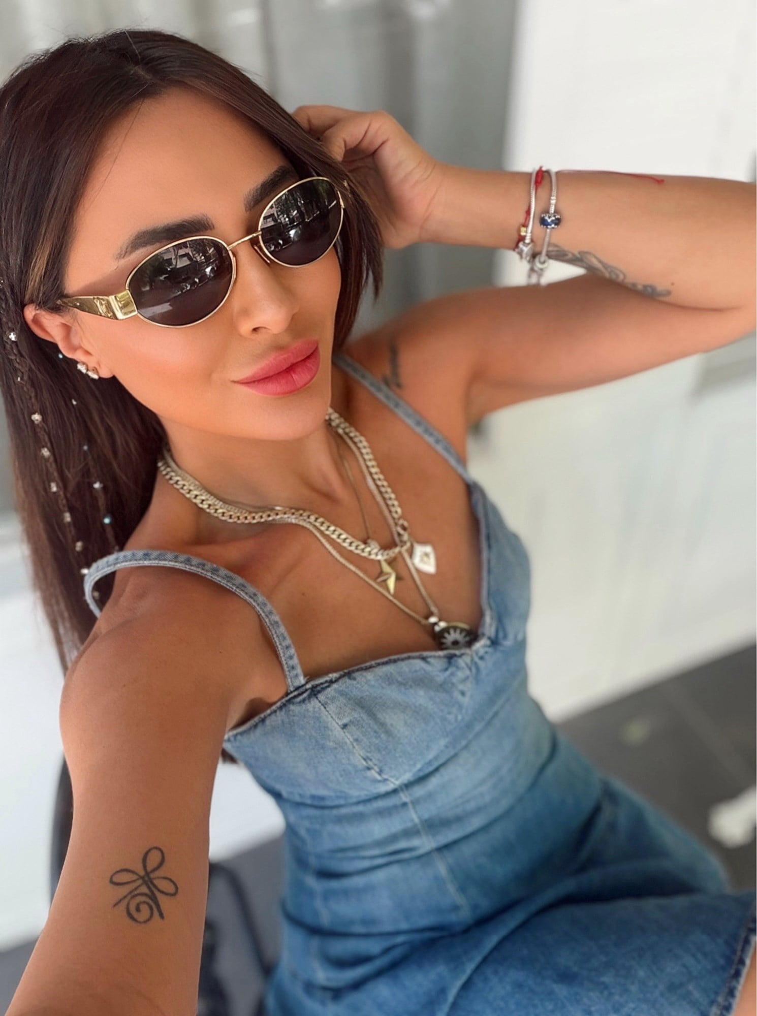 İp Askılı Jean Mini Elbise