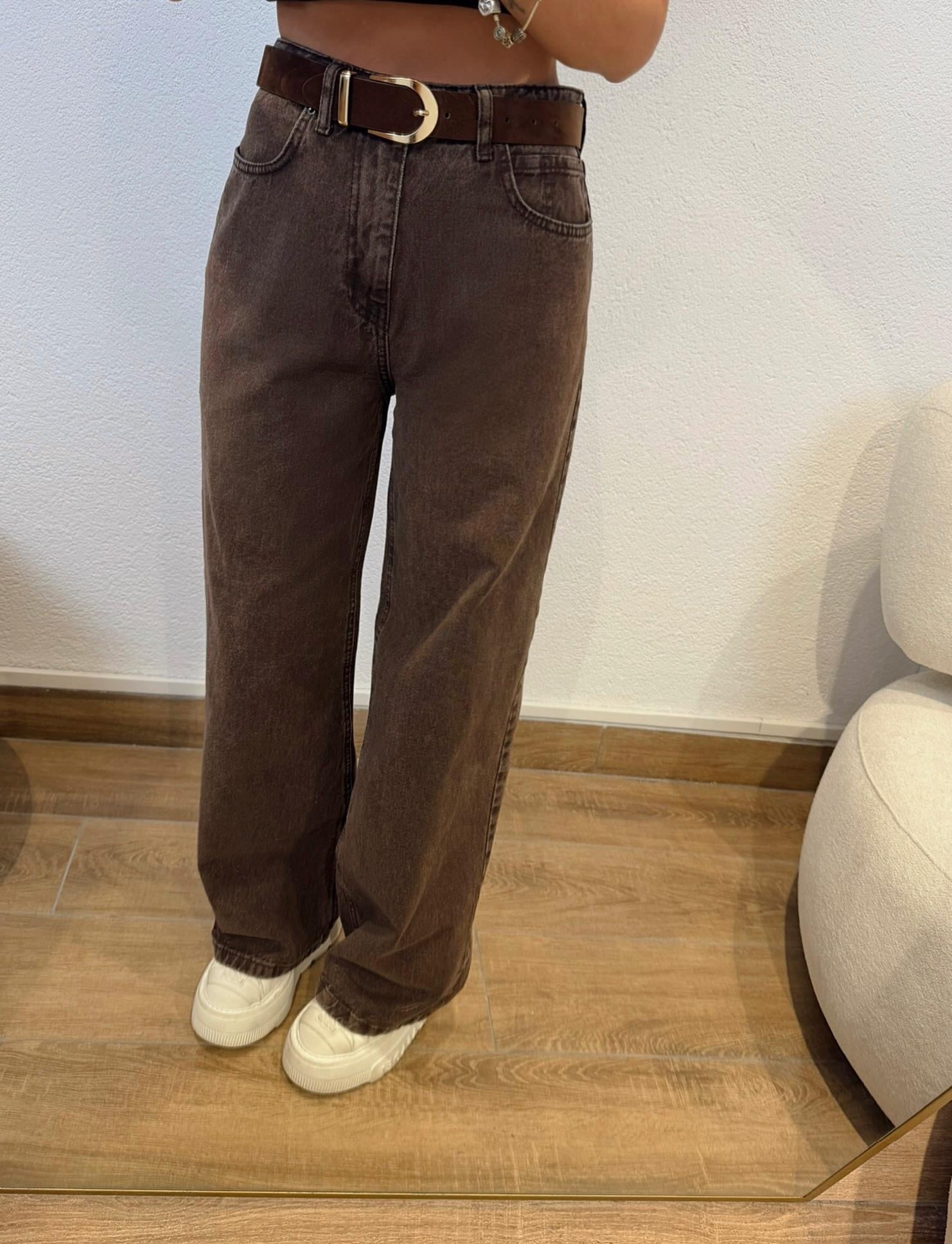 Kahve Kemerli Bol Paça Jean