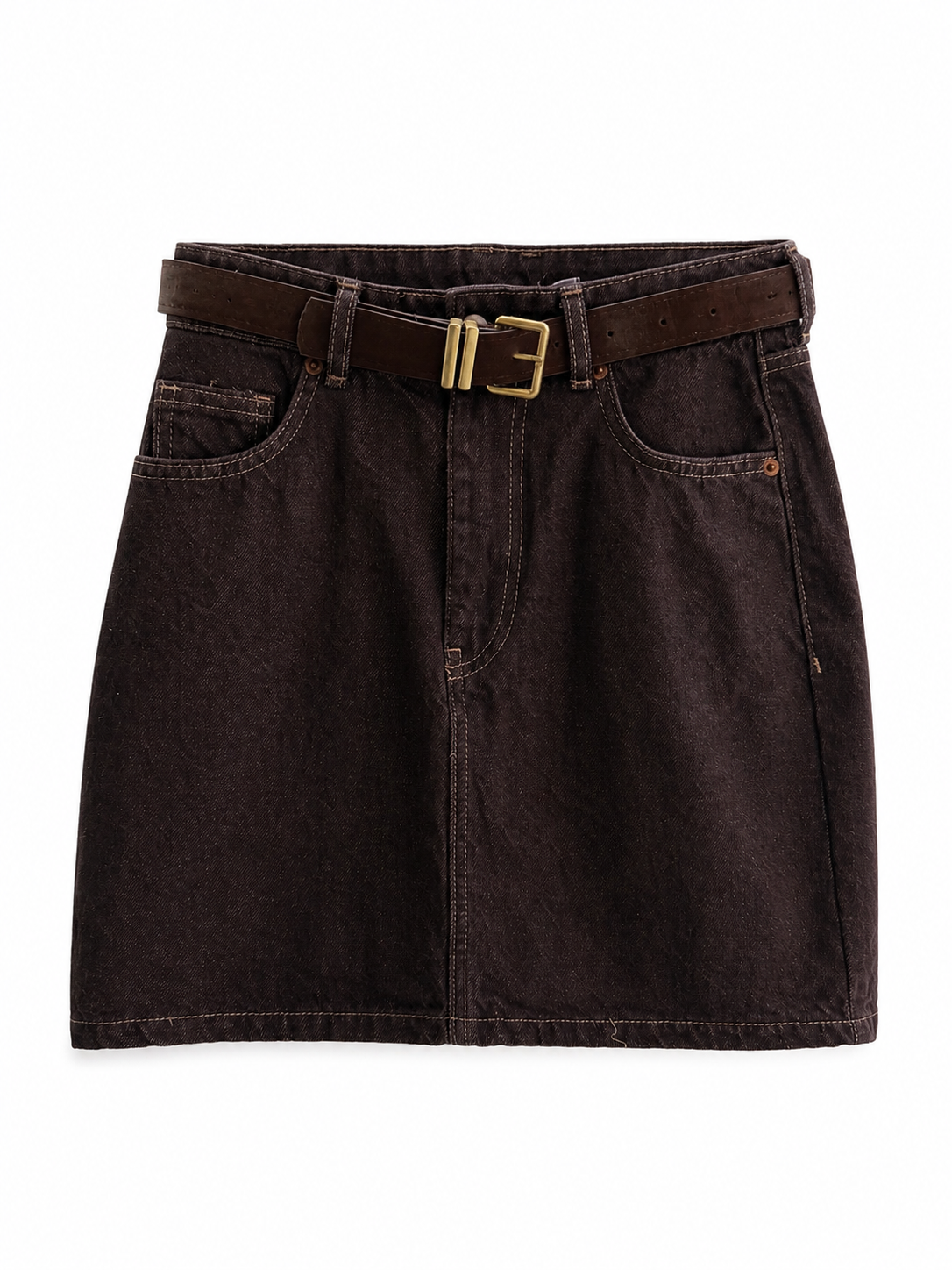 Kahve Kemerli Jean Mini Etek