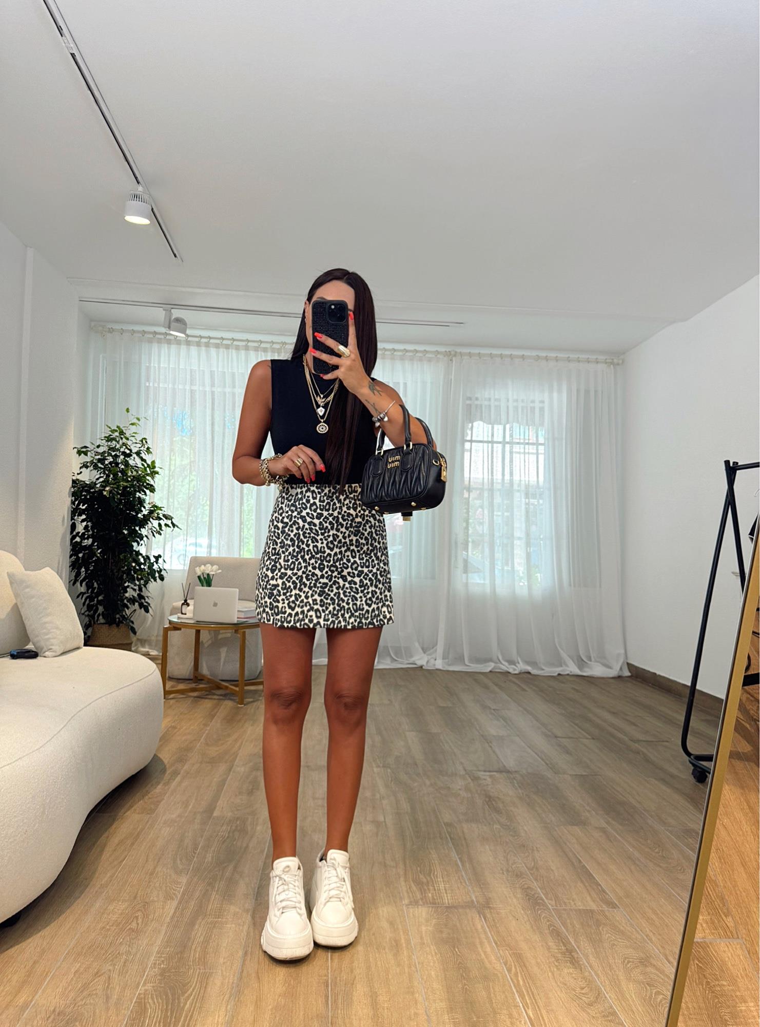 Kahve Leopar Desen Gabardin Şort Etek