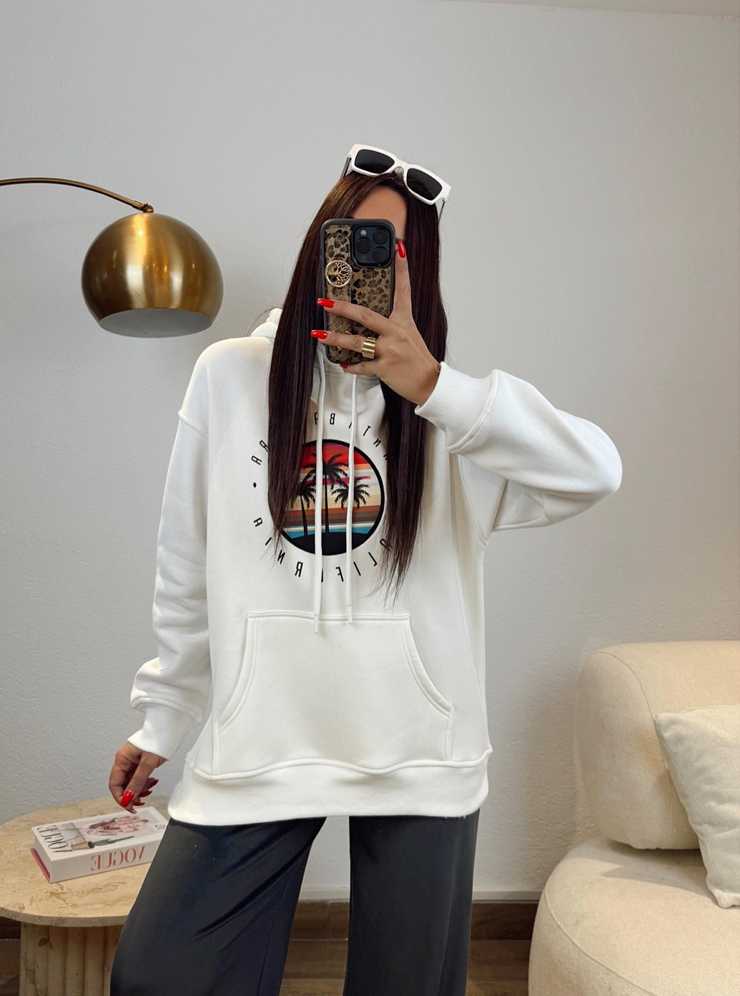 Kapişonlu Californıa Baskı Beyaz Sweatshirt