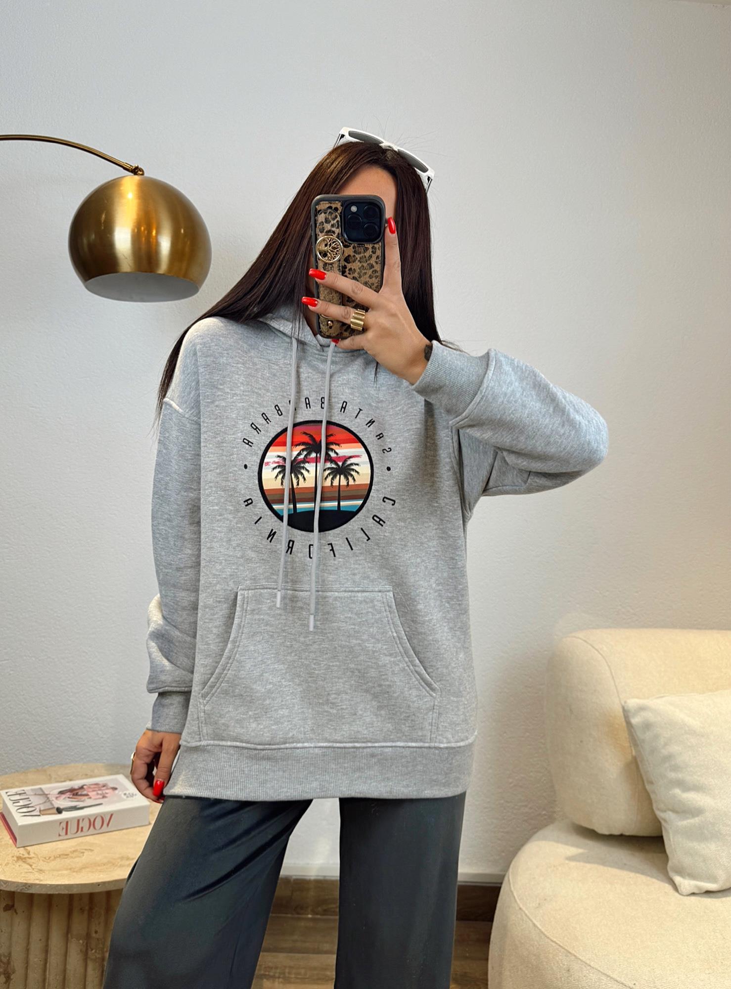 Kapişonlu Californıa Baskı Gri Sweatshirt