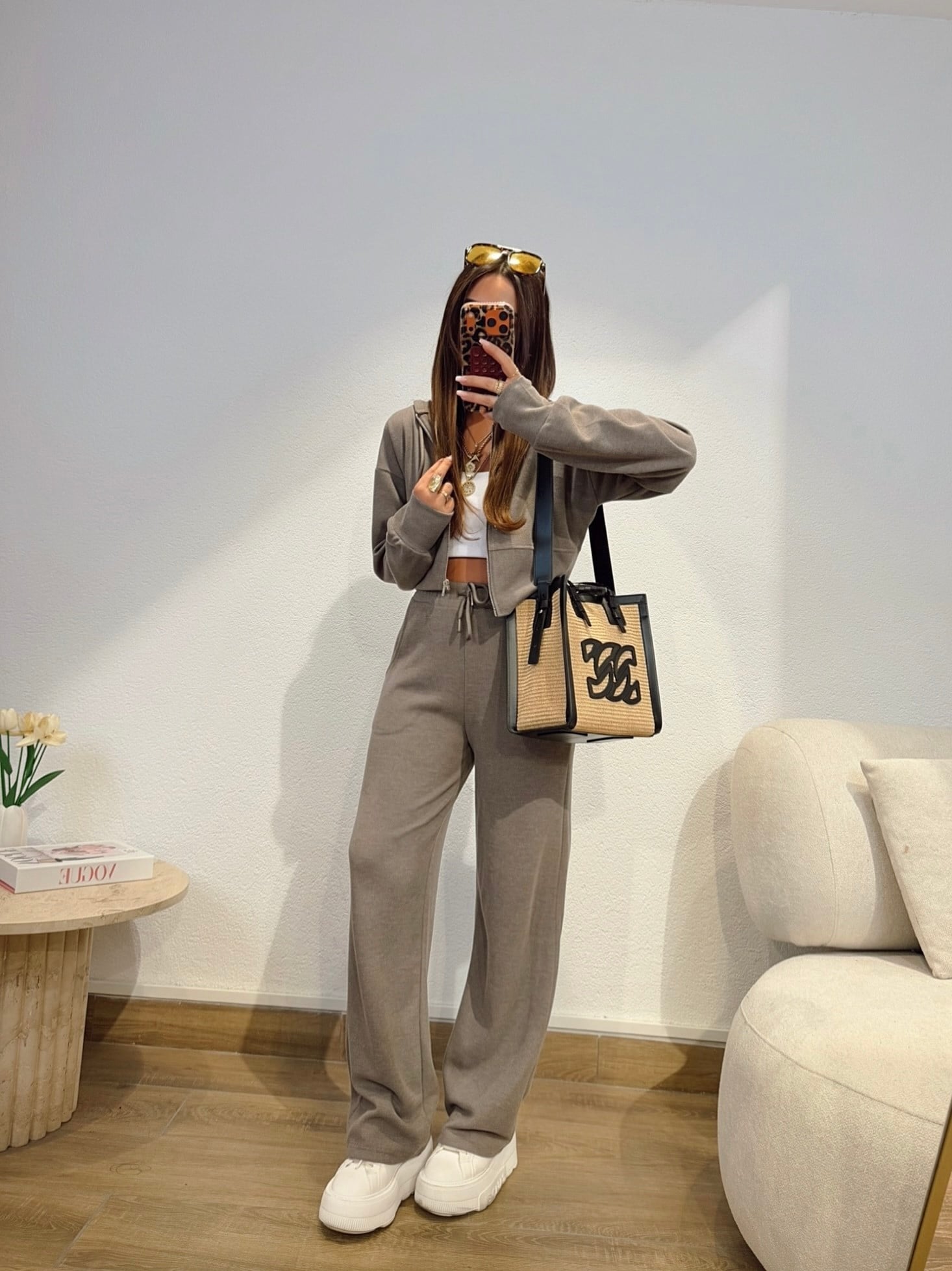 Kapişonlu Crop&Pantolon Vizon Takım