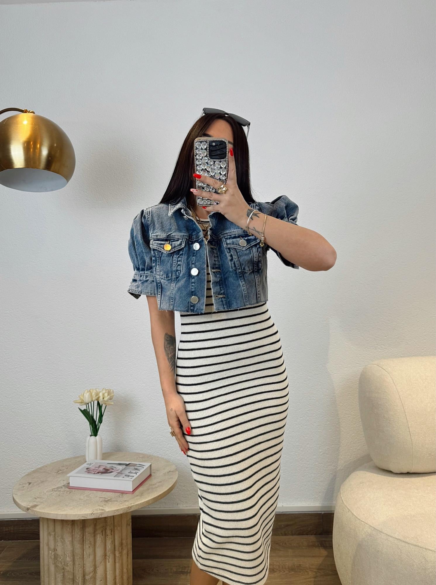 Karpuz Kol Crop Jean Ceket