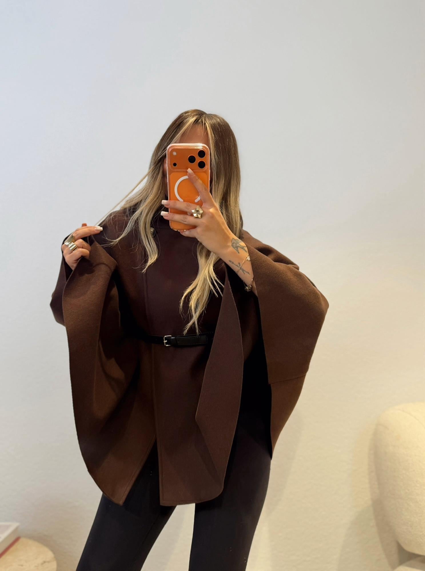 Kaşe Deri Kemerli Kahve Panço