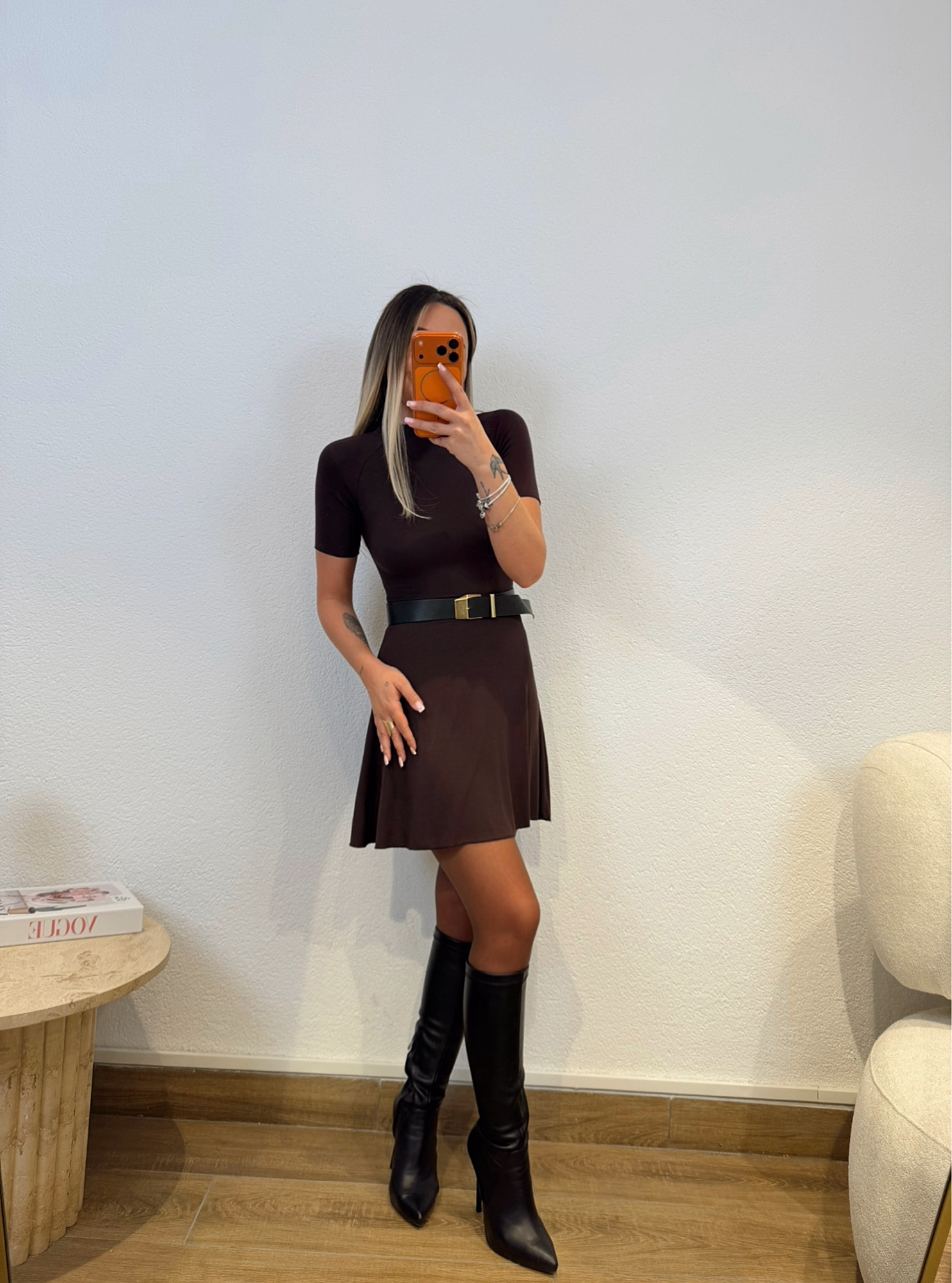 Kısa Kol Mini Çan Kahve Elbise