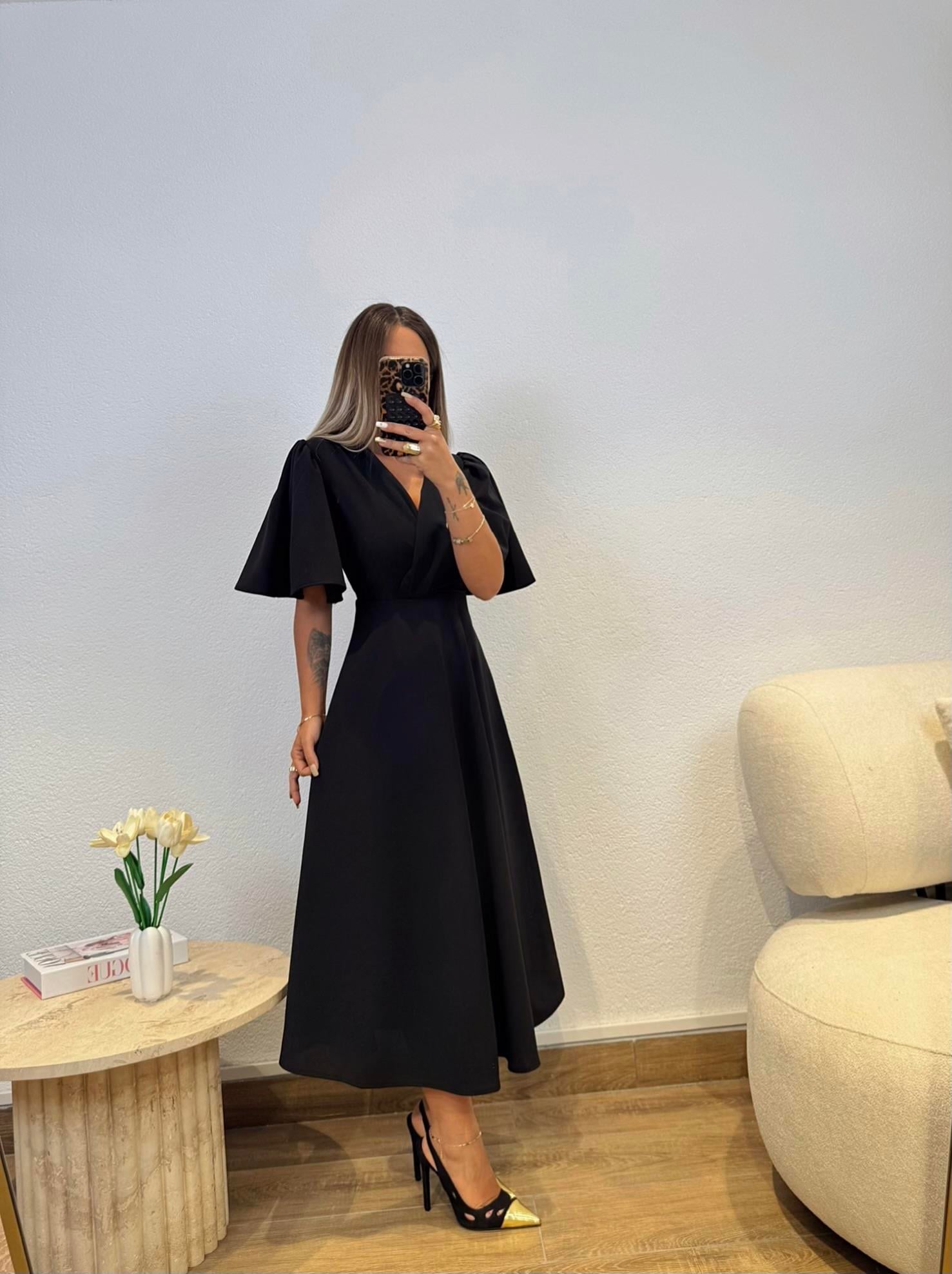 Kloş Crep Siyah Midi Elbise