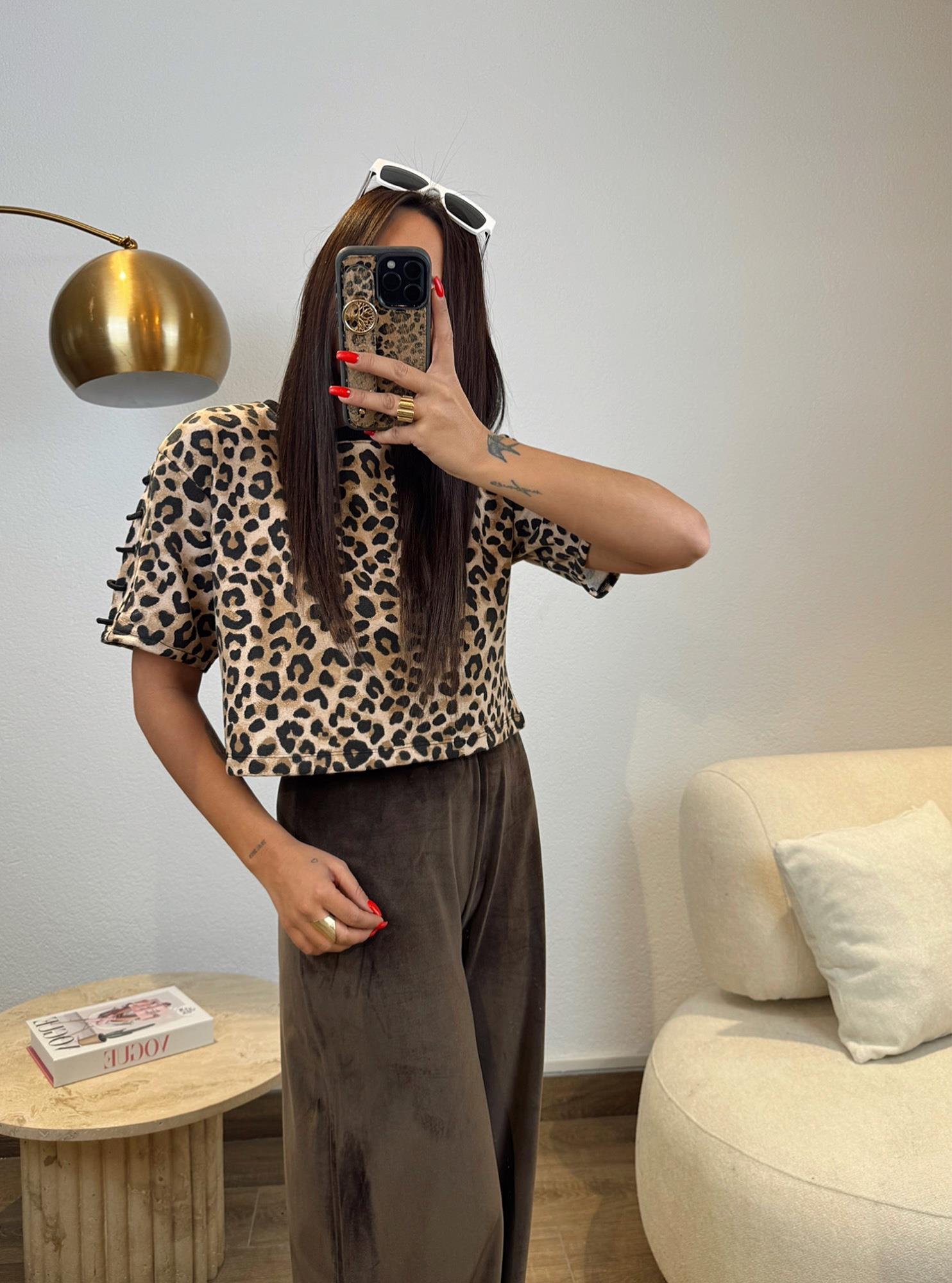 Kol Detay Leopar Crop Sweatshirt