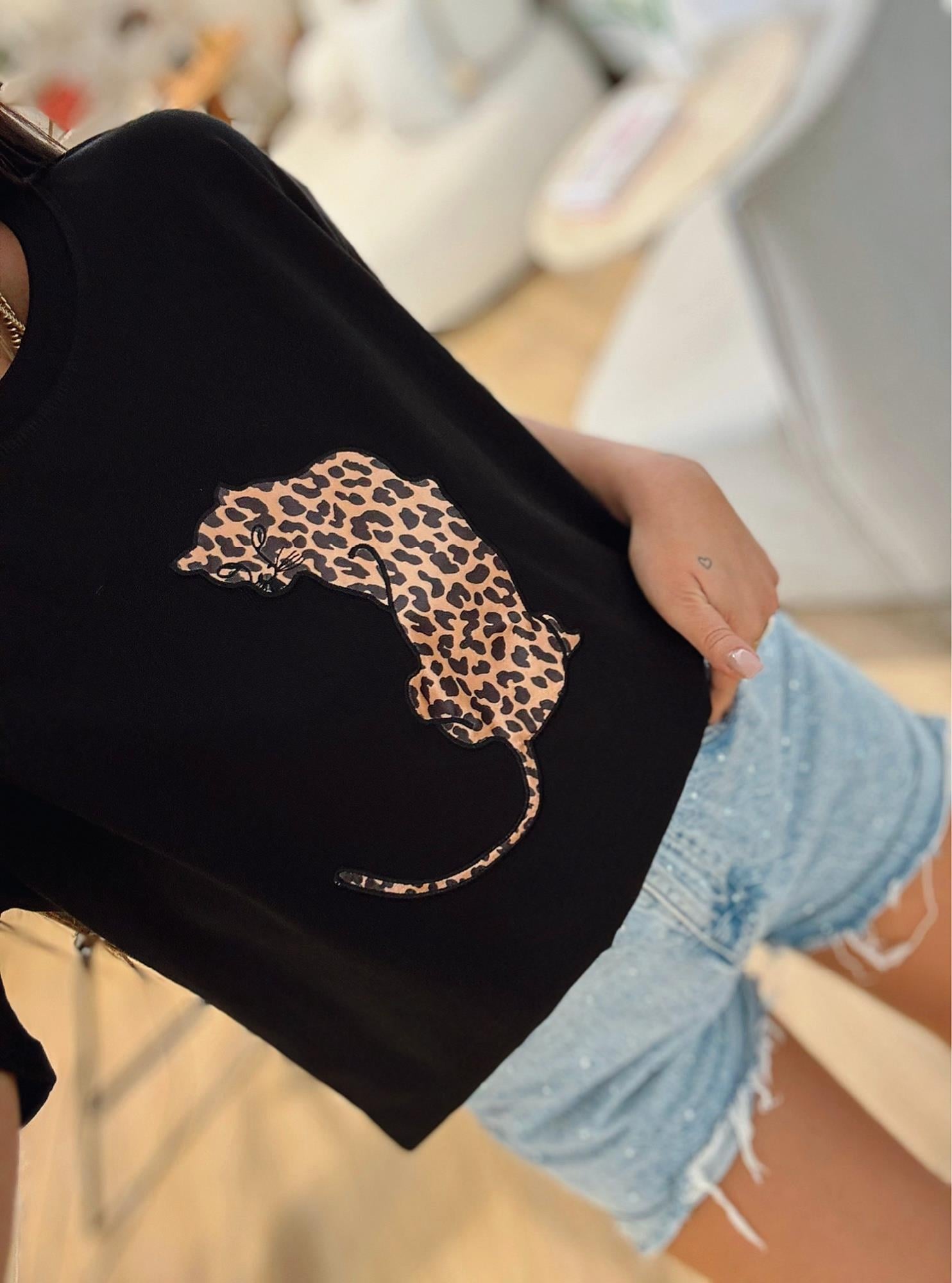 Leopar Baskı Siyah Tshirt